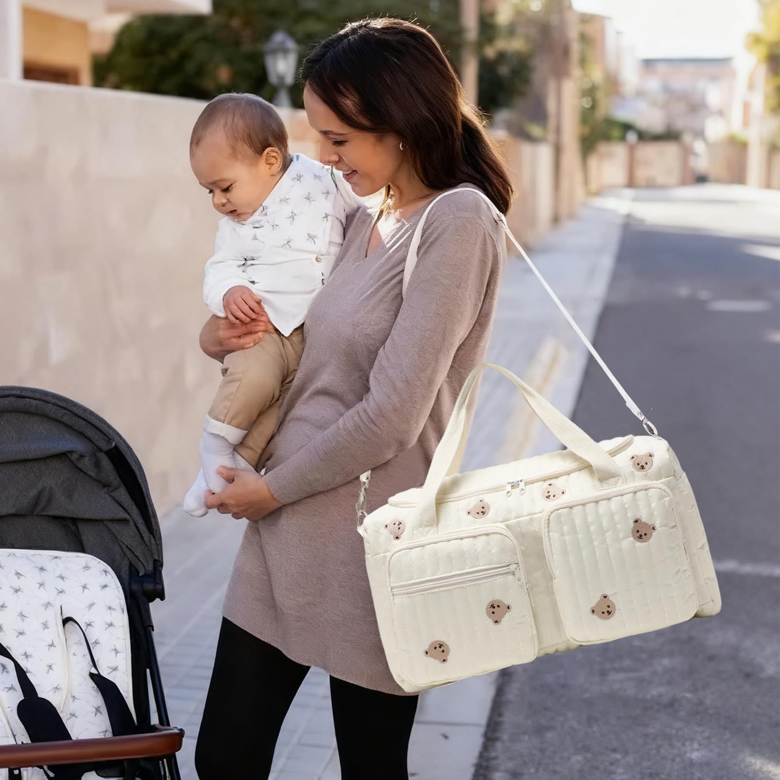 Borsa tote per pannolini in cotone, 48 cm, grande capacità, molteplici opzioni di archiviazione, ricamo, borsa morbida per mamma maternità, borsa da viaggio leggera con tracolla