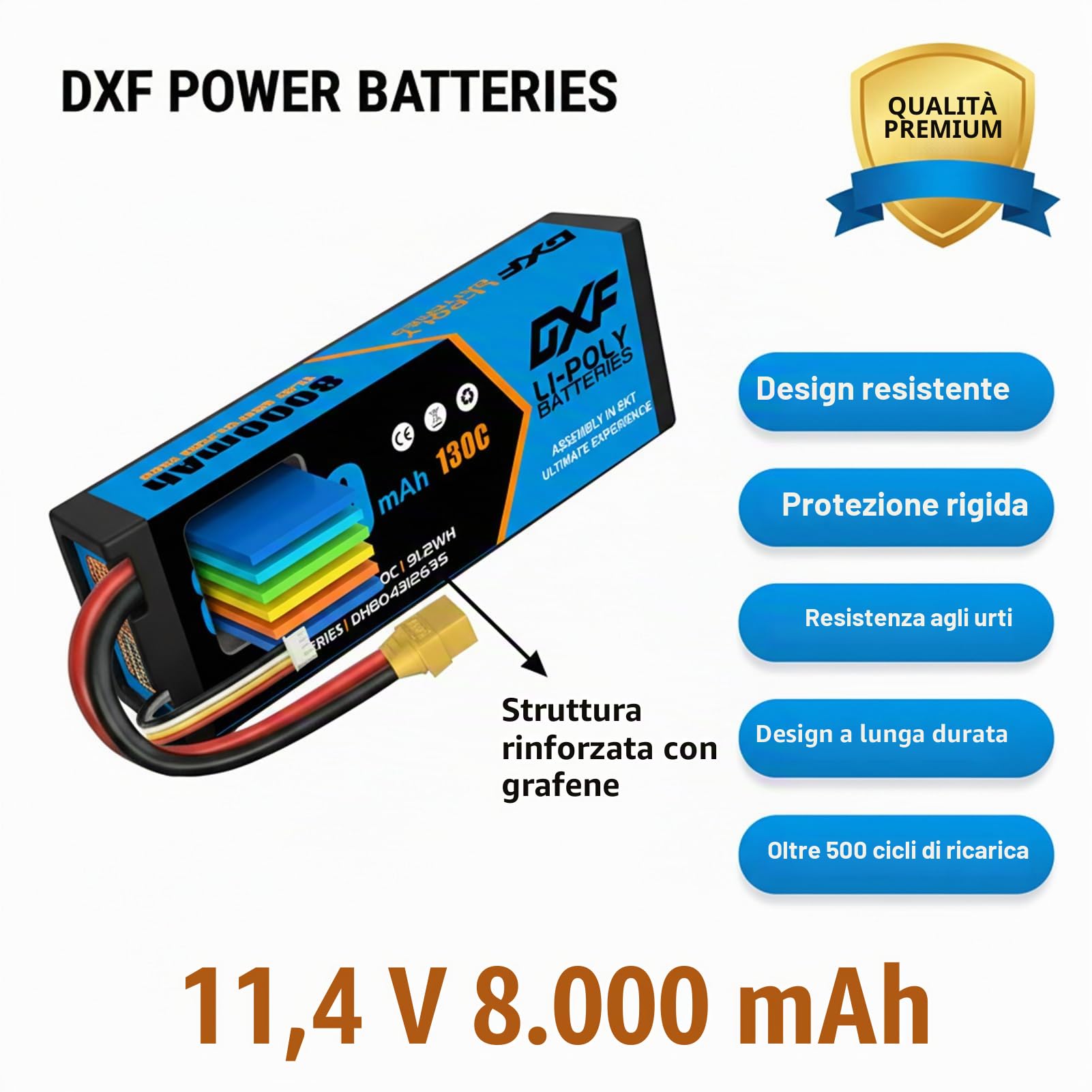 DXF 3S HV LiPo Batteria 11,4 V 8000 mAh 130 C Confezione da 2 batterie con spina XT90 per 1:8 1:10 RC Auto Truck Buggy Veicoli Racing Offroad Modellismo ad alte prestazioni senza spazzole