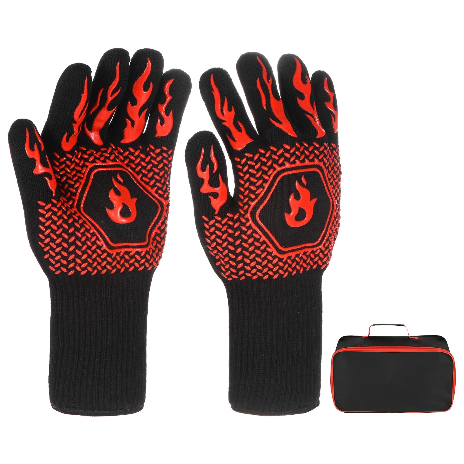 M METERXITY 1 par de guantes para barbacoa, resistentes al calor, antideslizantes, resistentes al calor, para barbacoa, hornear, cocinar, con bolsa de almacenamiento [patrón de llama media, rojo]