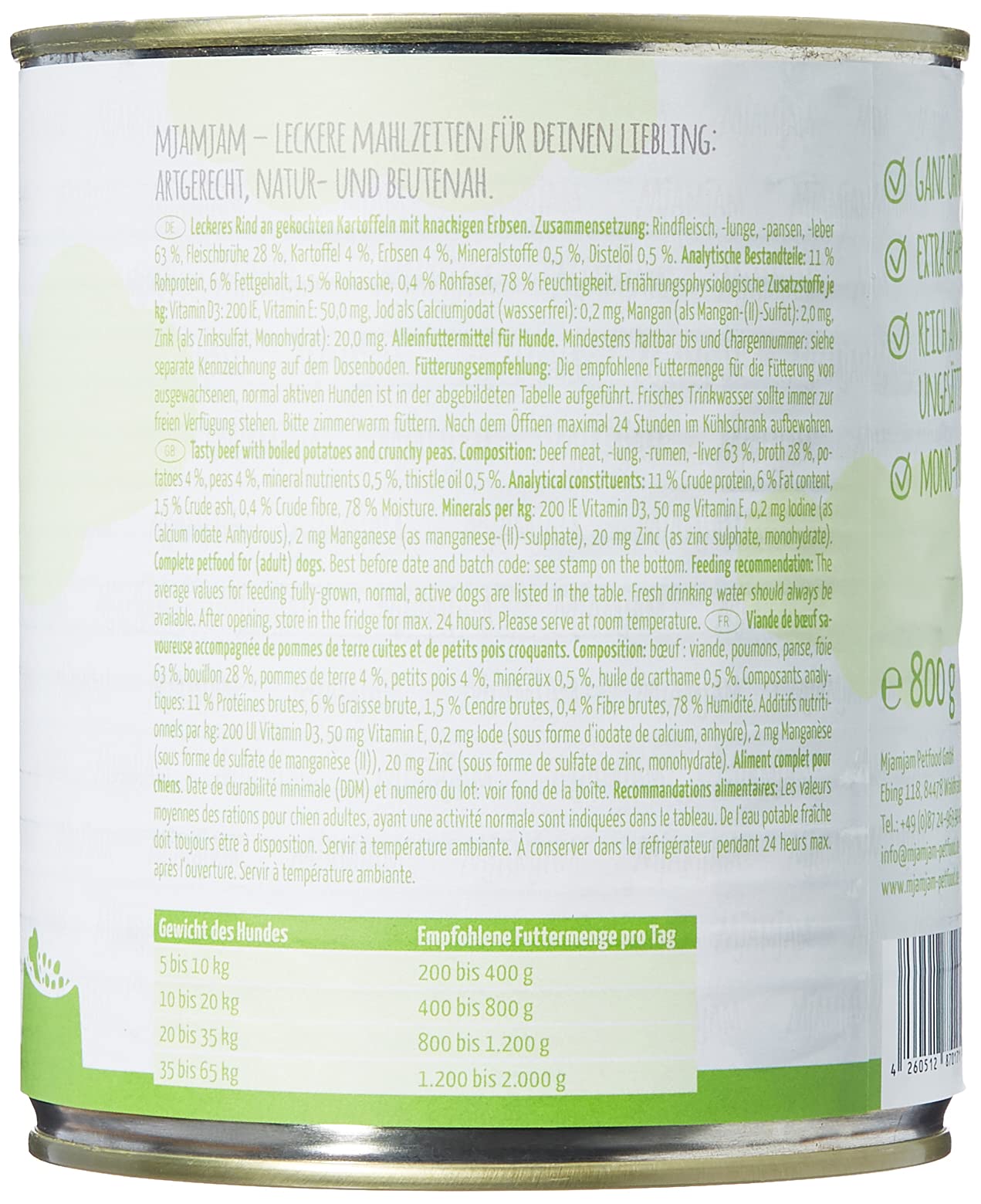 MjAMjAM - Premium Nassfutter für Hunde - leckeres Rind an gekochten Kartoffeln mit knackigen Erbsen, 6er Pack (6 x 800 g), naturbelassen mit extra viel Fleisch