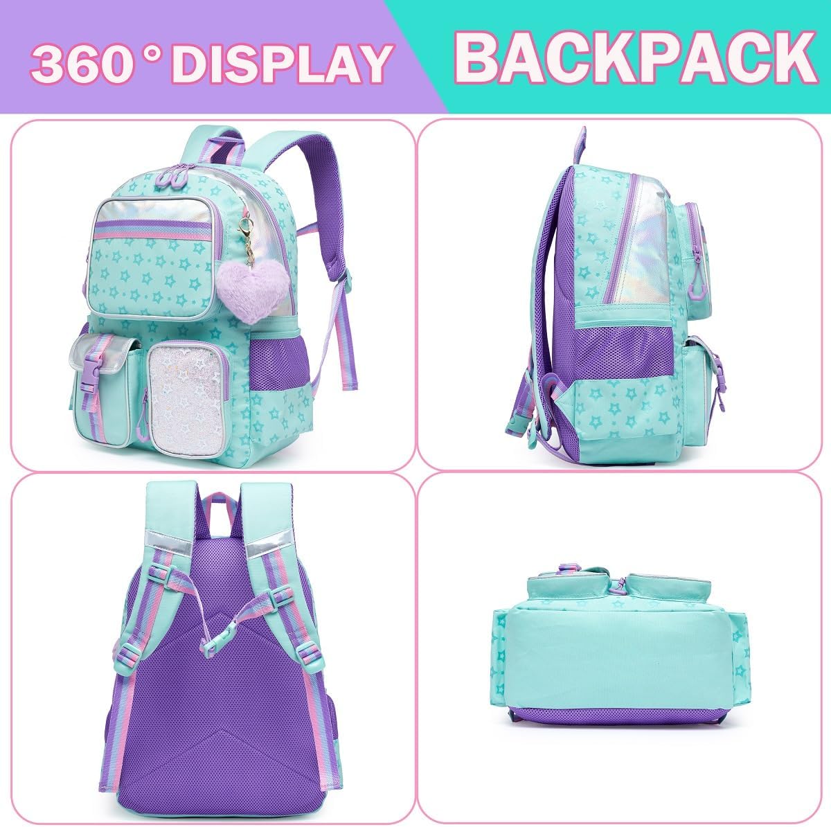 Meetbelify Aesthetic Backpack for Elementary to Teen Girls, Cute Bookbag for Kids 8-10 Green image 3 of 8 B0C8FX8H5F