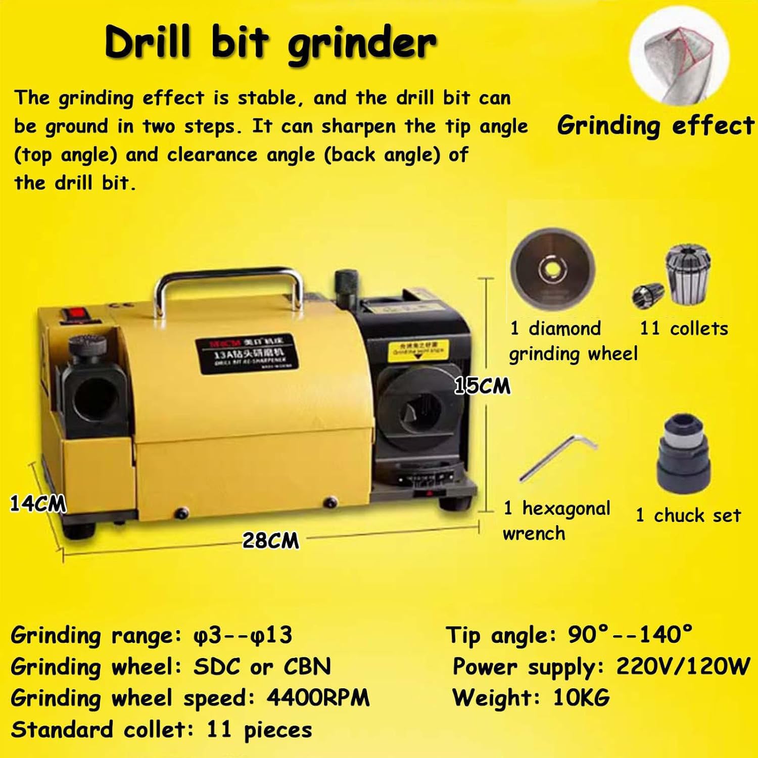 Afilador de brocas, ángulo ajustable de 3 a 13 mm, alta precisión, herramienta de afilado portátil para ángulo de punto de 95° a 135°, con 11 recogidas