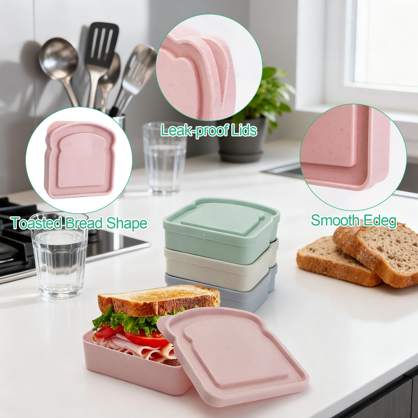 4 pudełka na kanapki wielokrotnego użytku z pokrywką | Pudełko na kanapki wielokrotnego użytku, forma do tostów, szczelne na piknik, do szkoły, biura, przygotowywania posiłków