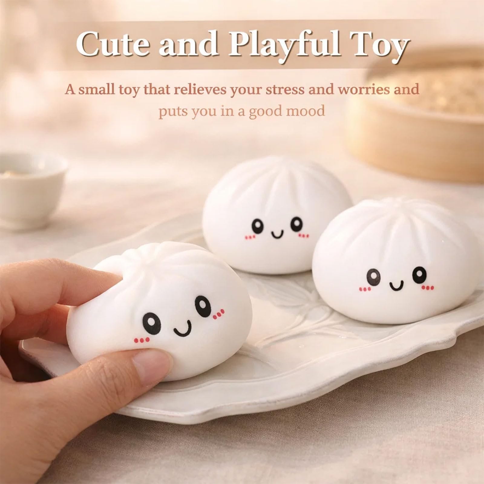 Dumpling Squishy, Squishy Dumpling Toy, Glitter Dumplings Squishiest Toy with Steamer Box, Stress & Anxiety Relief Toys for Kids & Adults Non-Edible (White) — view 2