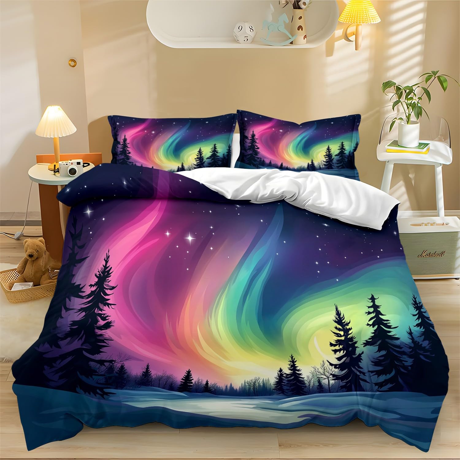 Duvet Cover Sets Double Colorful Northern Lights Bedding Set with 2 Pillowcases Color Printed Duvet Cover Soft Brushed Microfiber