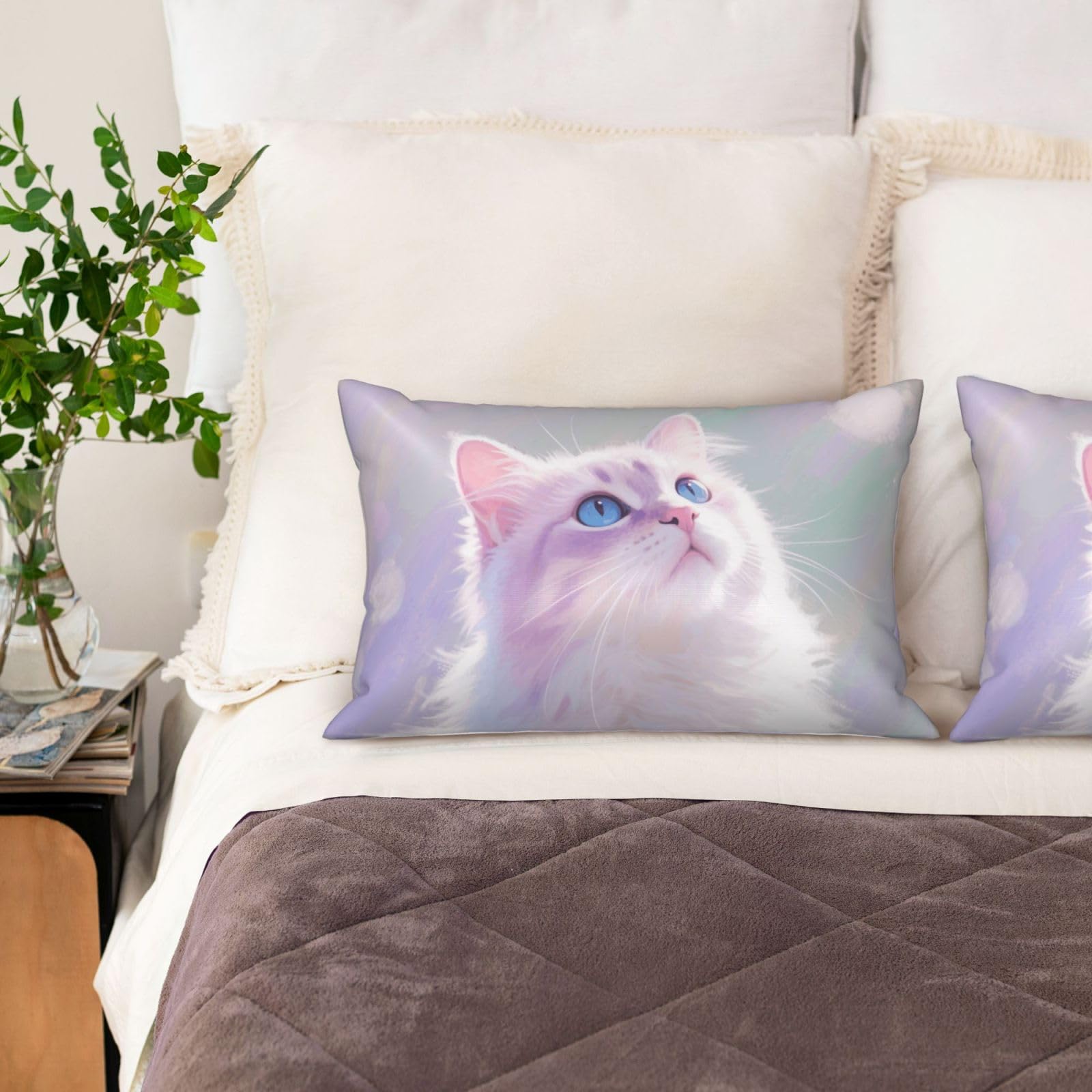 Cat Satin Pillowcase for Hair and Skin Set of 2,Ultra Smooth Soft Breathable Cooling Pillow Cases Queen Size 20x30 Inch Bed Pillowcovers with Hidden Zipper Cushion Case Gifts for Women Men
