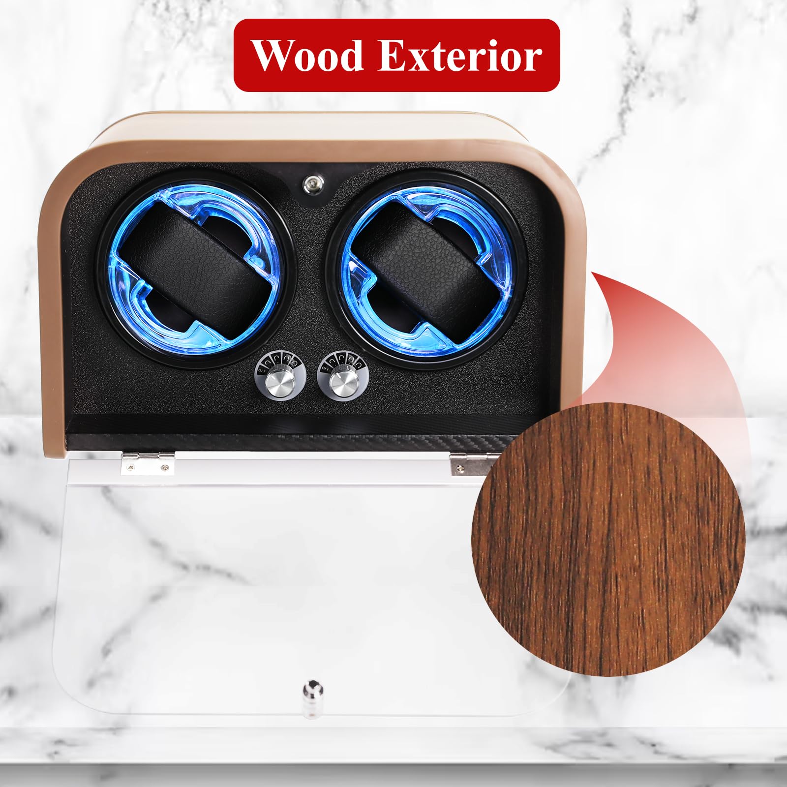 Remontoir Automatique pour Deux Montres Automatiques – 4 Modes de Rotation | Technologie Smart Stop, Écran LED Bleu, Mousse à Mémoire de Forme et Coffret en Bois pour Montres Automatiques de Luxe