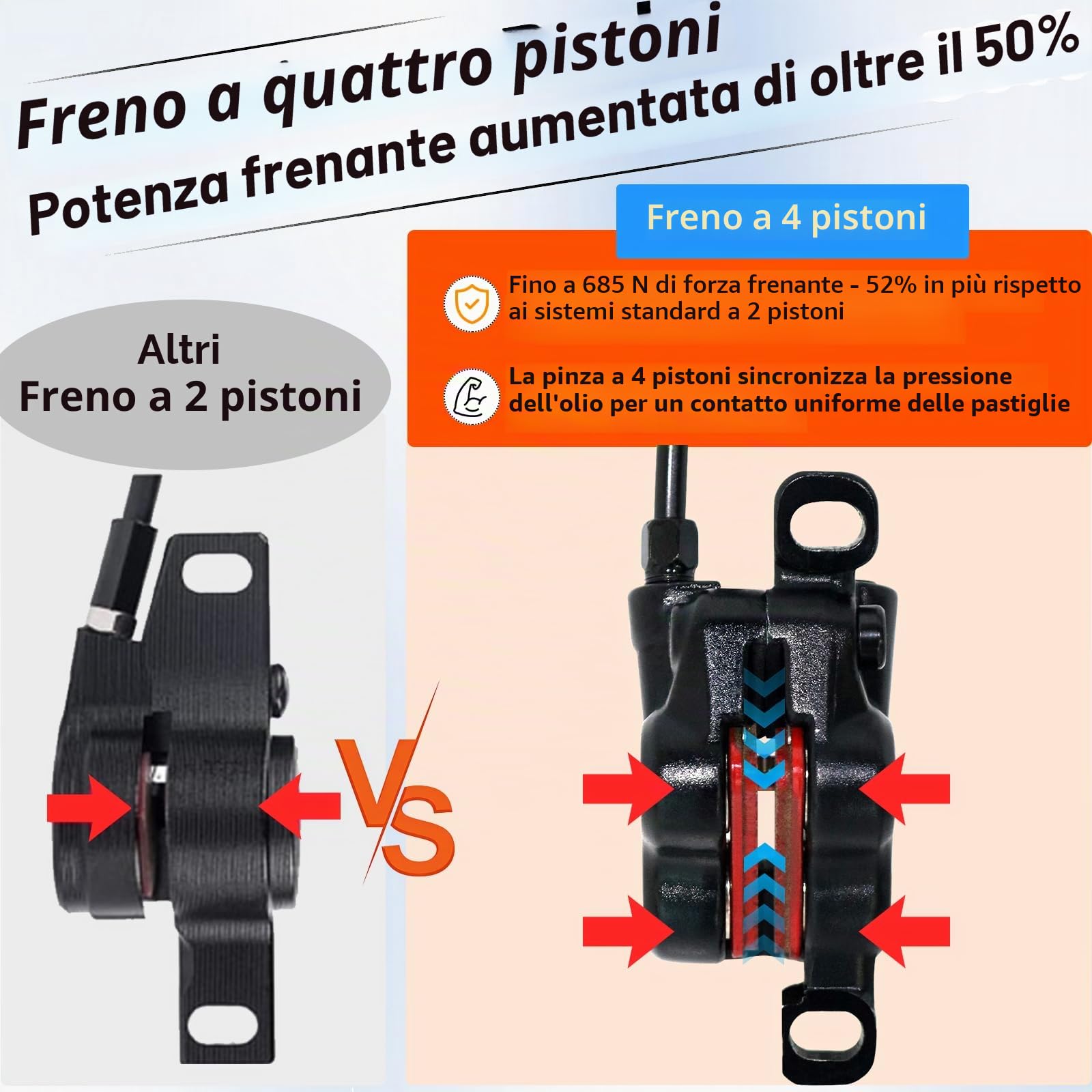 Set Freno a Disco Idraulico MTB con Rotore 160mm, Anteriore Sinistro/Destra Posteriore, Freni a Quattro Pistoni Freni per Biciclette PM/è Adattatore per MTB BMX