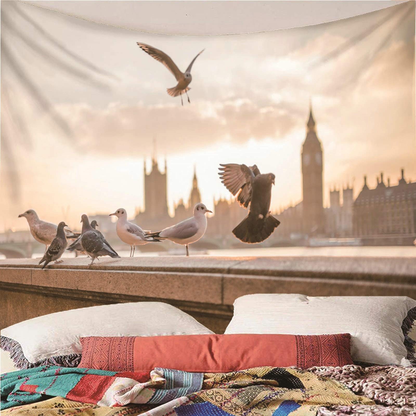 Aeici Tapiz Tela Muro Playa, Tapiz Decoracion Tapiz Paloma de pie en la barandilla- Gris Blanco, 300x260CM