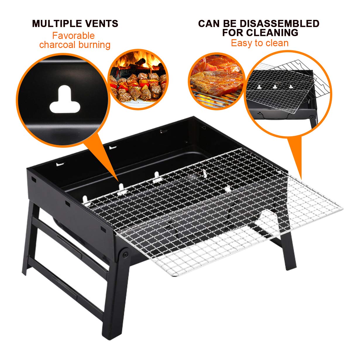 ele ELEOPTION BBQ Grill Tragbarer Gefalteter Holzkohlegrill für 2-4 Personen, 13,8 '' x 10,6 '' x 7,9 '', Campinggrill Kohlegrill für Picknick Garten Terrasse Reise Beach Barbecue