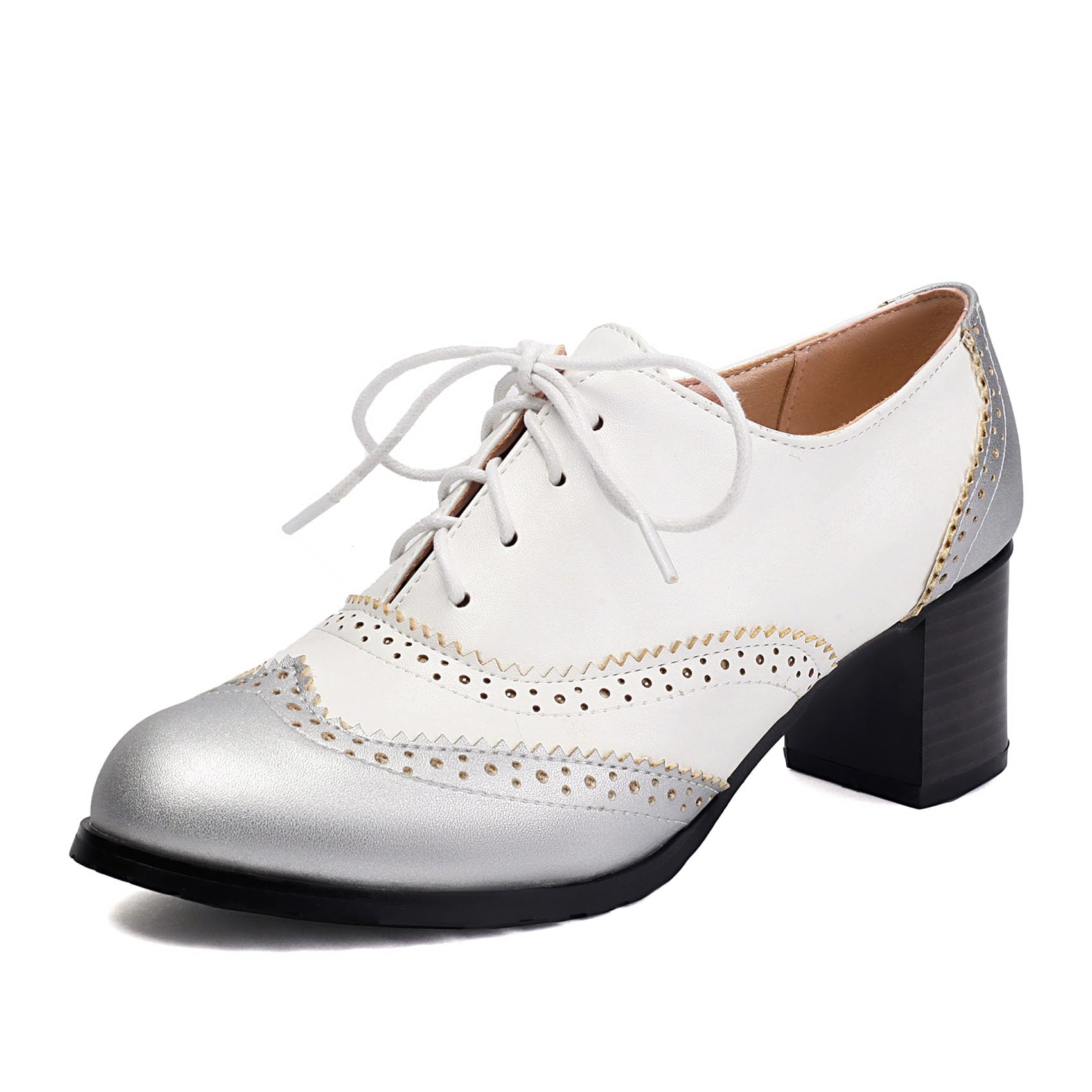 KOKOMOMO Womens Perforated Lace-Up Brogues Chunky Block Heels Wingtip Oxfords Two Tone Saddle British Vintage Derby Shoes
