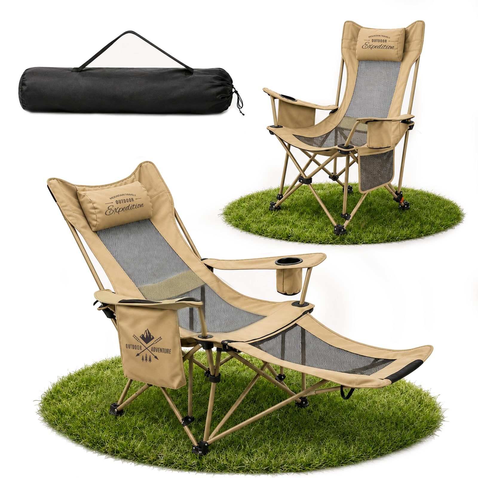 Silla Camping Plegable, 2 en 1 Sillas Playa con Footrest, Regulación de Altura en 4 Posiciones, Incluye Bolsa Isotérmica y Portavasos, Hasta 120KG, para Outdoor Camping Garden Fishing Terrace