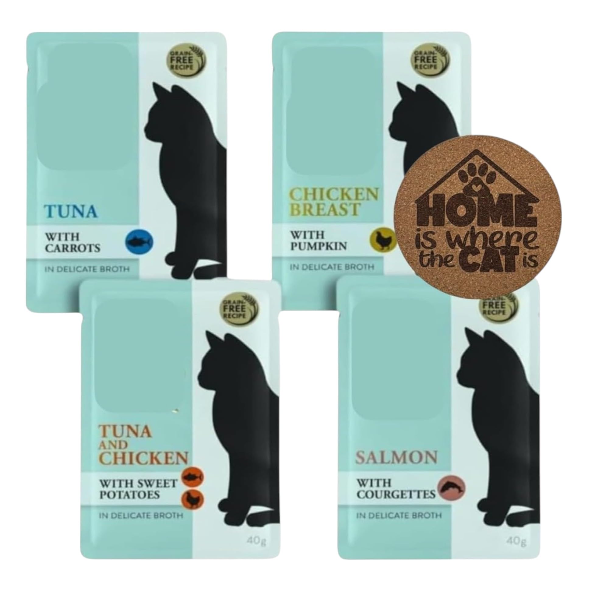 Soup Bundle Mixed Flavours Wet Cat Food 16x40g – Grain-Free Chicken & Fish Recipes in Broth – Supplementary Meal for Adult Cats – With AETN Exclusive Cat Quote Coaster