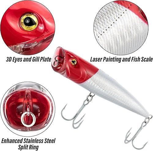 Miniatura 2 de Dr.Fish Topwater Popper - Señuelos de pesca de agua salada, 45.5 pulgadas GT Popper VMC anzuelos agudos señuelos de pesca para Striper, lucio,