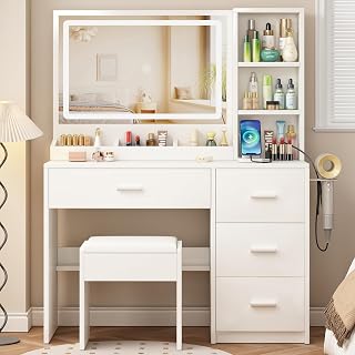 Vanity Desk with Mirror and Lights, 4 Drawers & Benches Vanity Desk Set, 3 Color Lighting Modes Adjustable Brightness Vanity for Bedroom Makeup Table - Amazon product rated Grade A