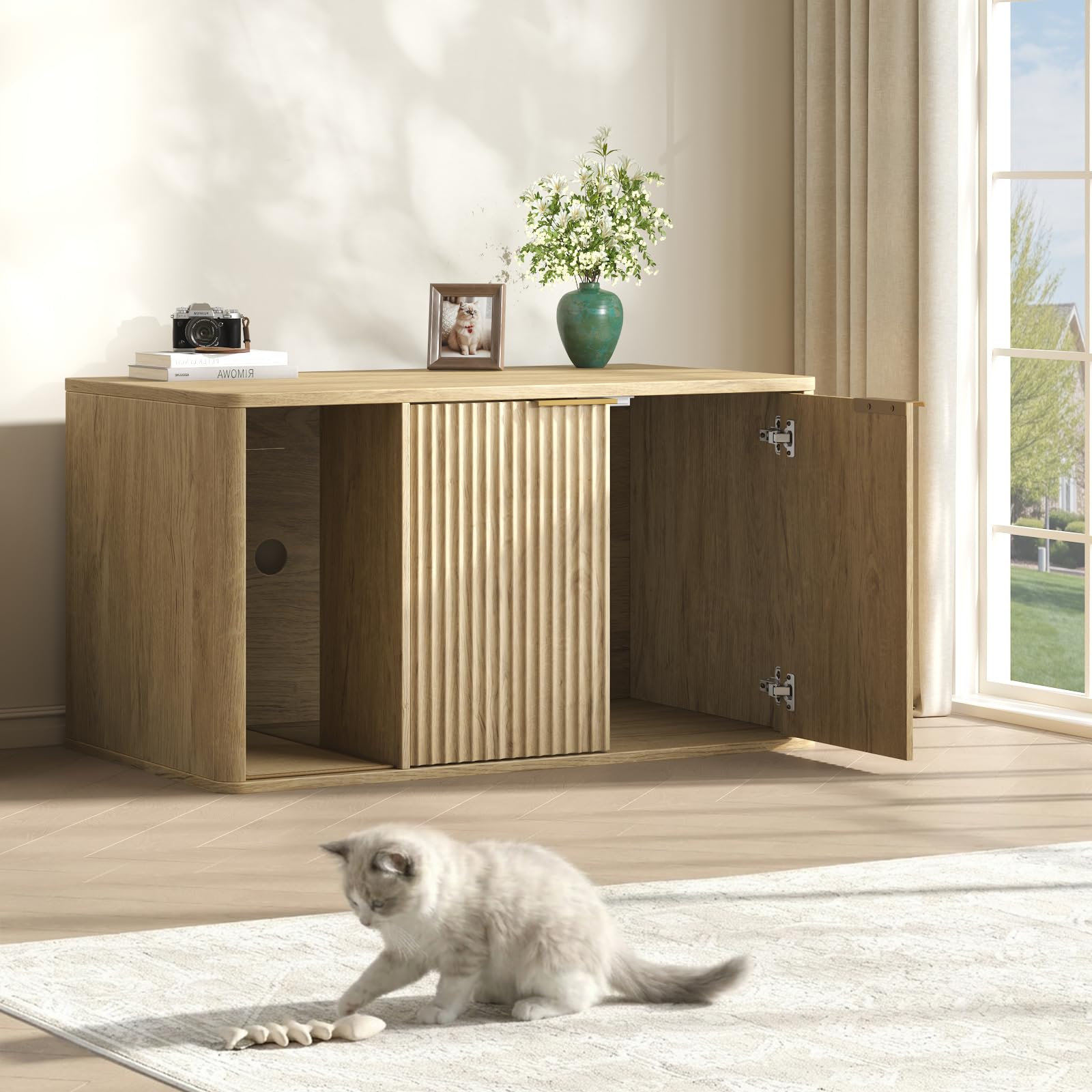 90 cm breiter Katzentoilettenschrank, versteckt und multifunktional als Katzenklo & Beistelltisch, moderner Boho-Stil in Naturholzoptik, ideal für Wohnzimmer, Diele und Schlafzimmer, natürlich