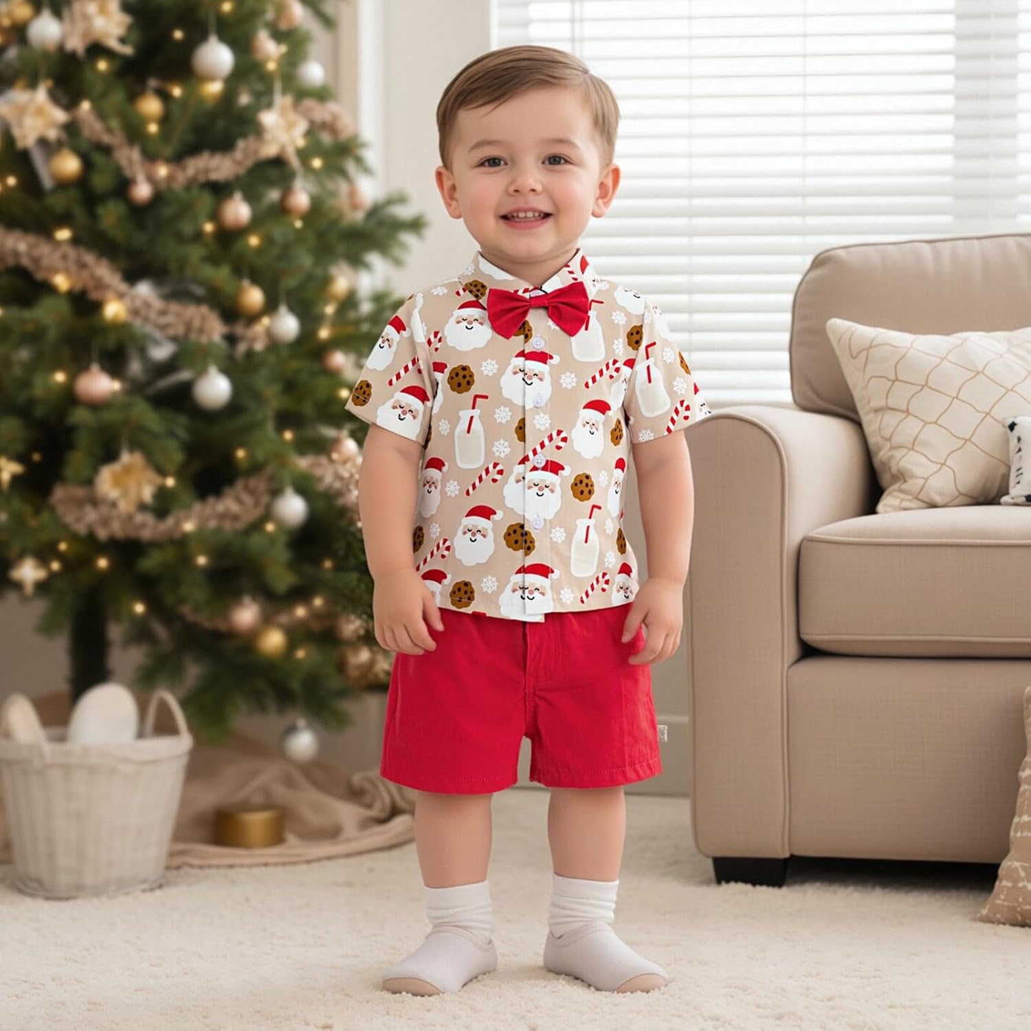Toddler Baby Boy Christmas Outfit Button Down Short Sleeve Bowtie Shirt Shorts 2 Piece Gentleman Suits - Image 3