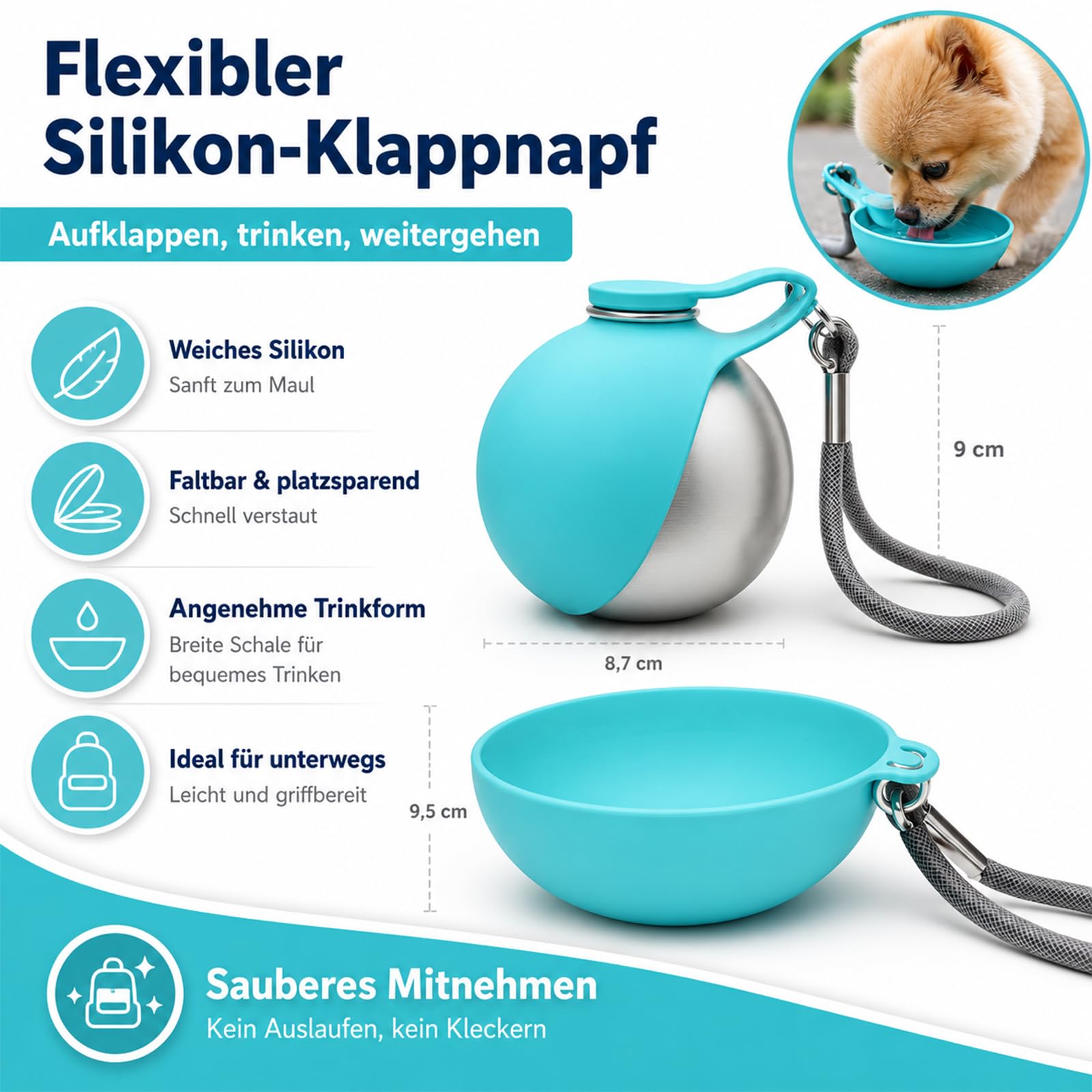 2-in-1 Reise-Trinkflasche für Hunde, Trinkflasche Hunde für Unterwegs, Hundetrinkflasche für Unterwegs mit Silikonnapf, 285 ml Edelstahl Trinkflasche mit Faltbarem Silikonnapf (4PCS)
