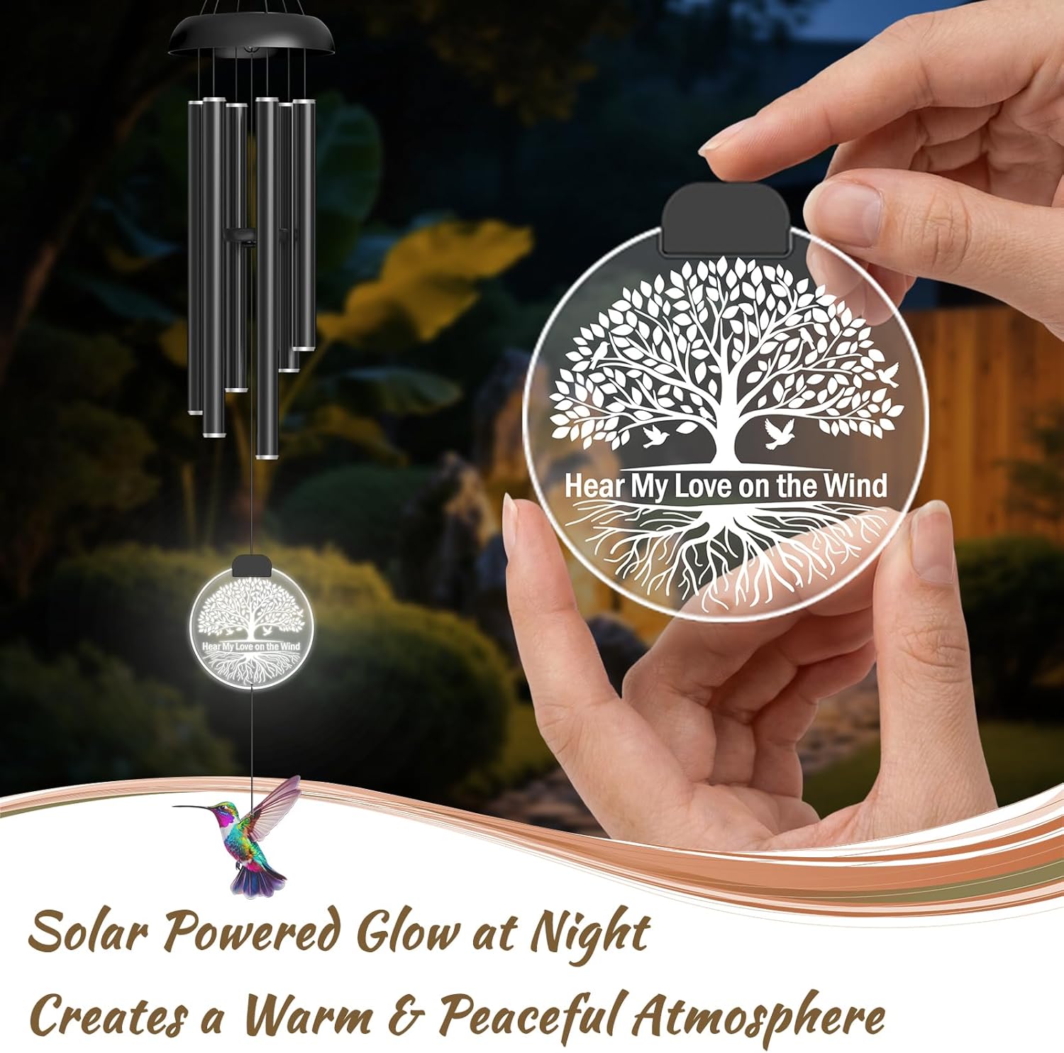 37" Solar Wind Chimes for Outside, Memorial Wind Chimes with Solar Powered Acrylic Lights & Hand-Painted Hummingbird – Sympathy Gift for Loss of Loved One, Outdoor Wind Chimes for Garden, Patio, Yard