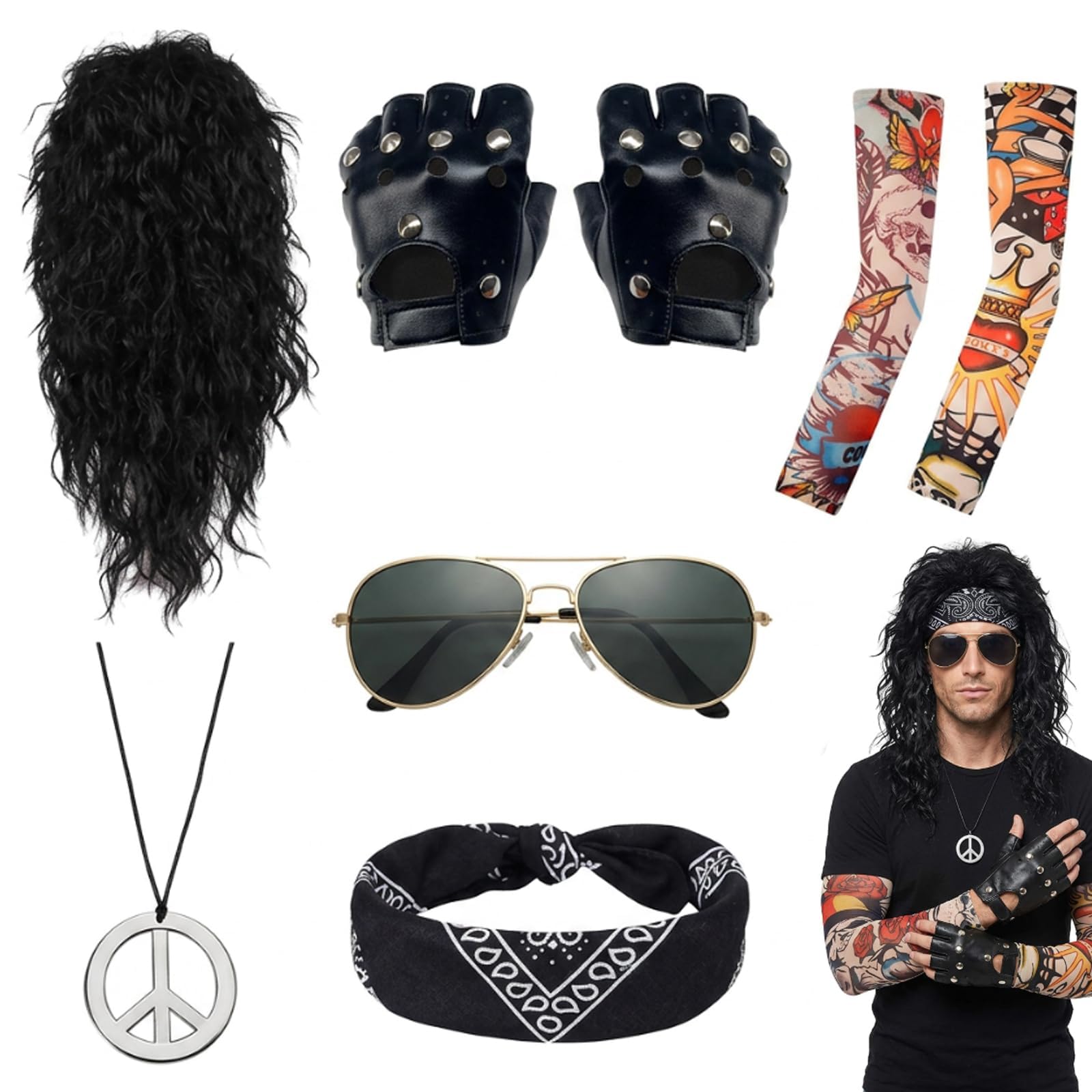 QhgPnt 7Pcs Mens 80s Fancy Dress, 80s Rock Star Costume Set with Black Wig and Accessories for Rock Themed Parties and Cosplay Events for Retro Style Enthusiasts