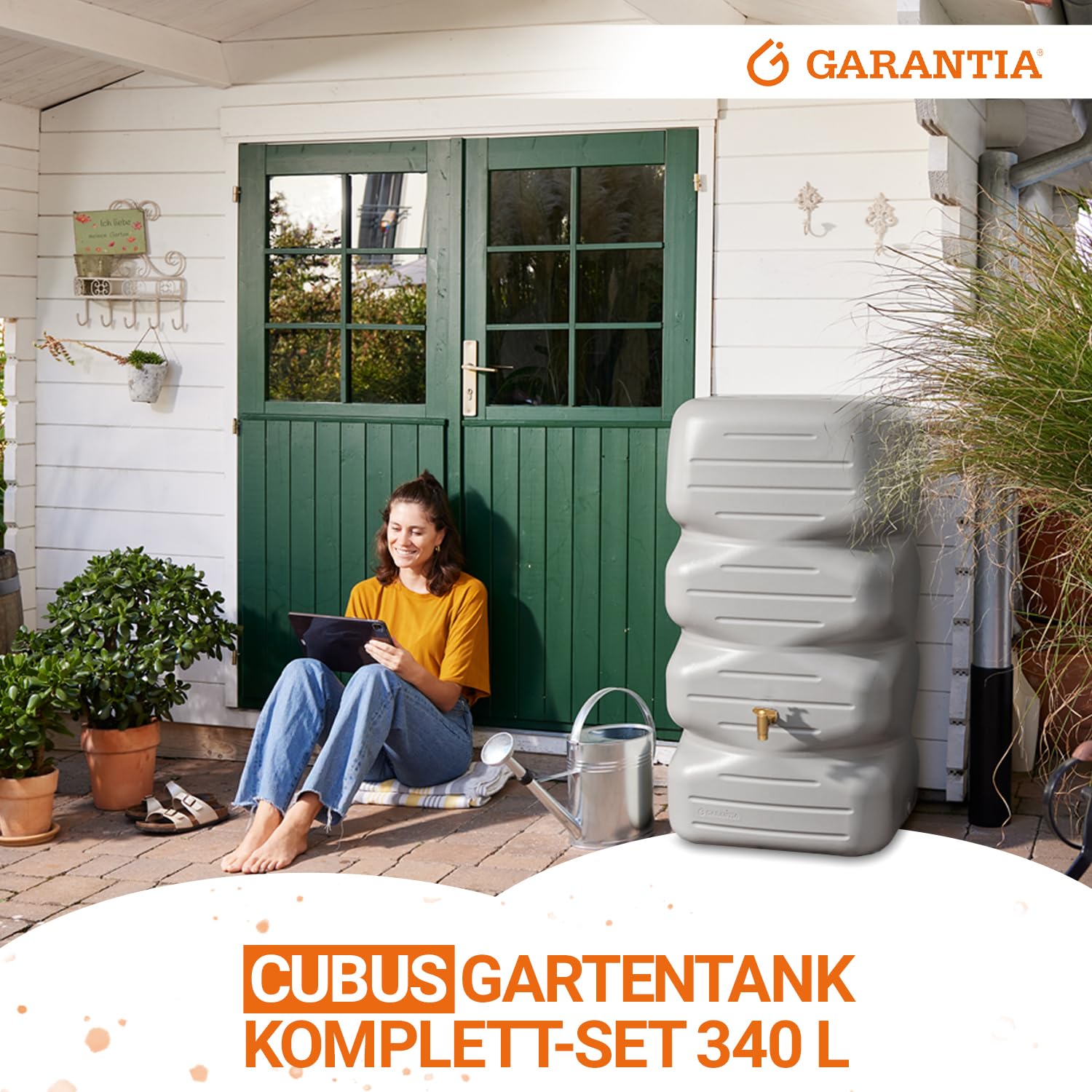 GARANTIA CUBUS Gartentank Komplett-Set 340 Liter betongrau inkl. Kunststoff-Auslaufhahn und Fallrohranschluss - Regentonne eckig zum Regenwasser sammeln auf Terrasse - Regenwassersammler flexibel