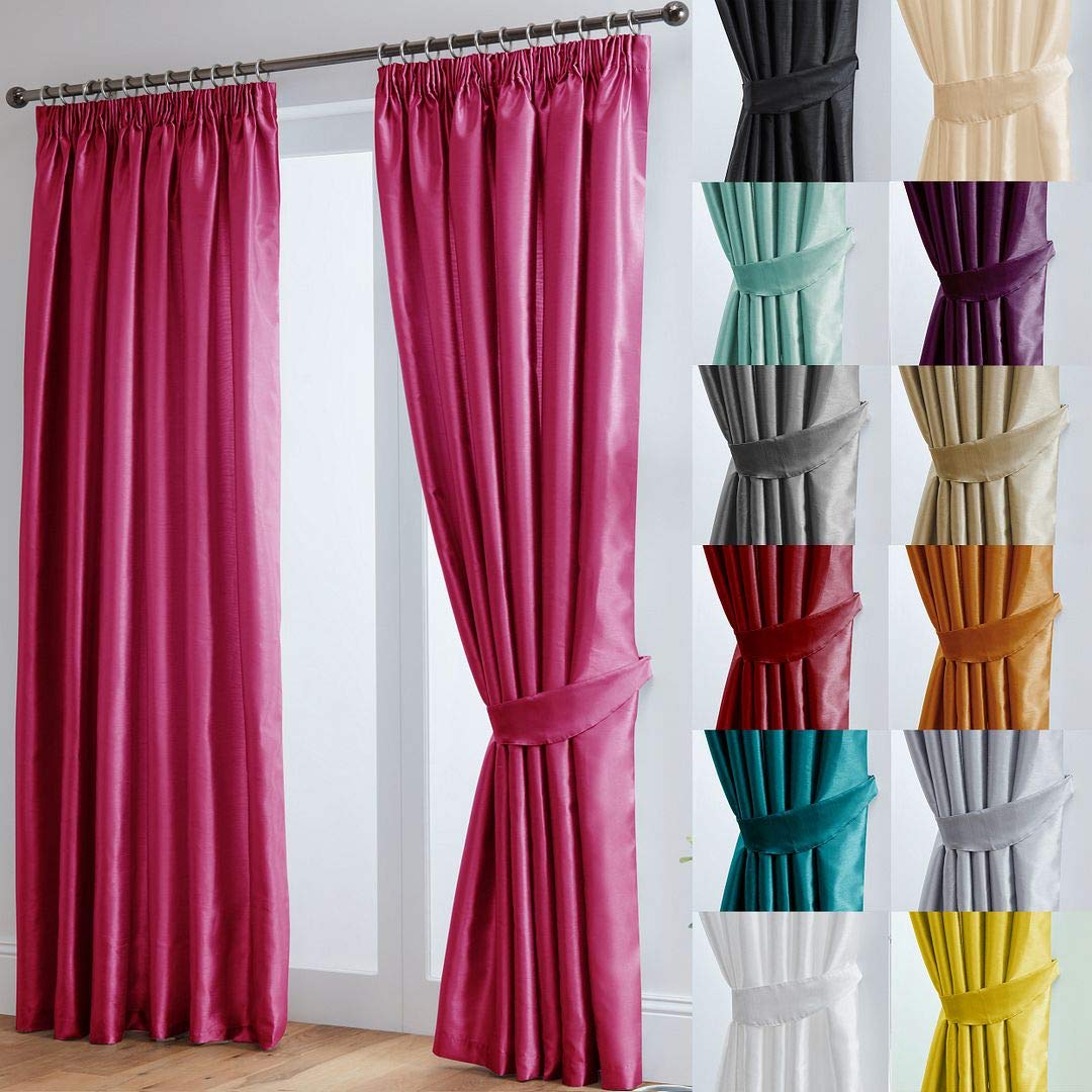 John Aird Luxury Faux Silk Fully Lined Pencil Pleat Curtains With Matching Tie Backs (Fuchsia, 117cm Width x 183cm Drop (46"x 72")