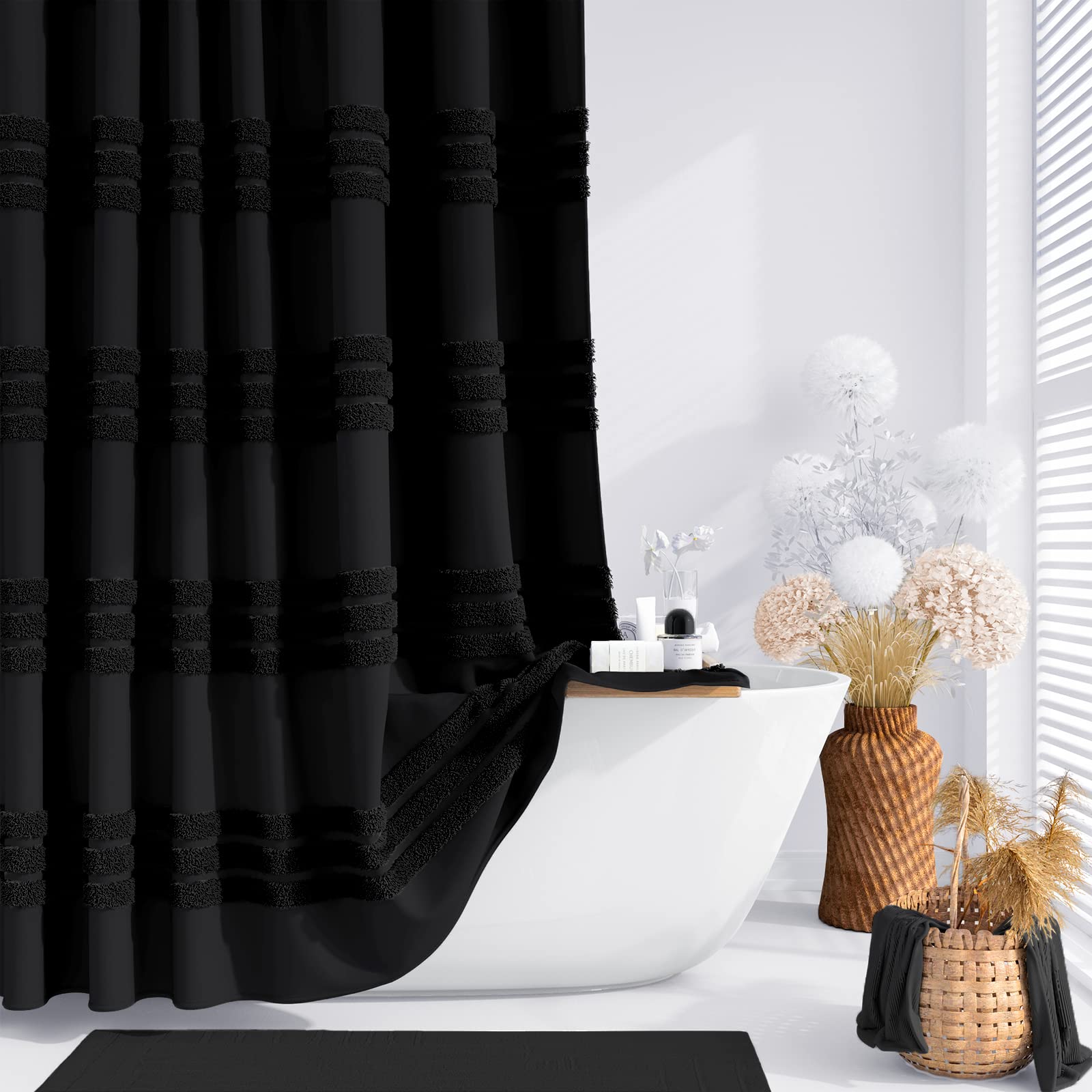 Dynamene Black Fabric Shower Curtain, Tufted Chenille Striped Textured Cloth Shower Curtains for Bathroom, Boho Farmhouse Shabby Chic Waterproof Shower Curtain Set with Hook, Wrinkle Free, 72x72