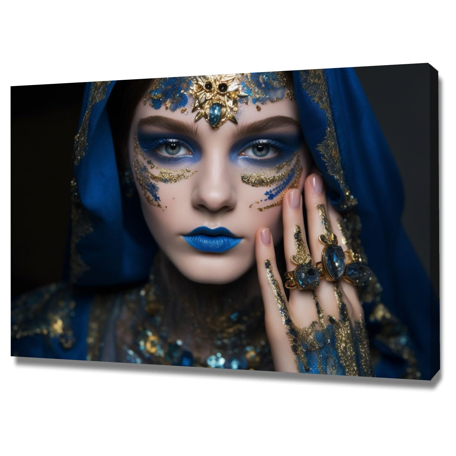 TERUEA Beautiful Girl Animals Poster Canvas Art Wall Decor Woman With Blue And Gold Makeup And Headscarf Picture Prints for Girls Room Bedroom Wall Decor(Blue)-60x90cm Framed