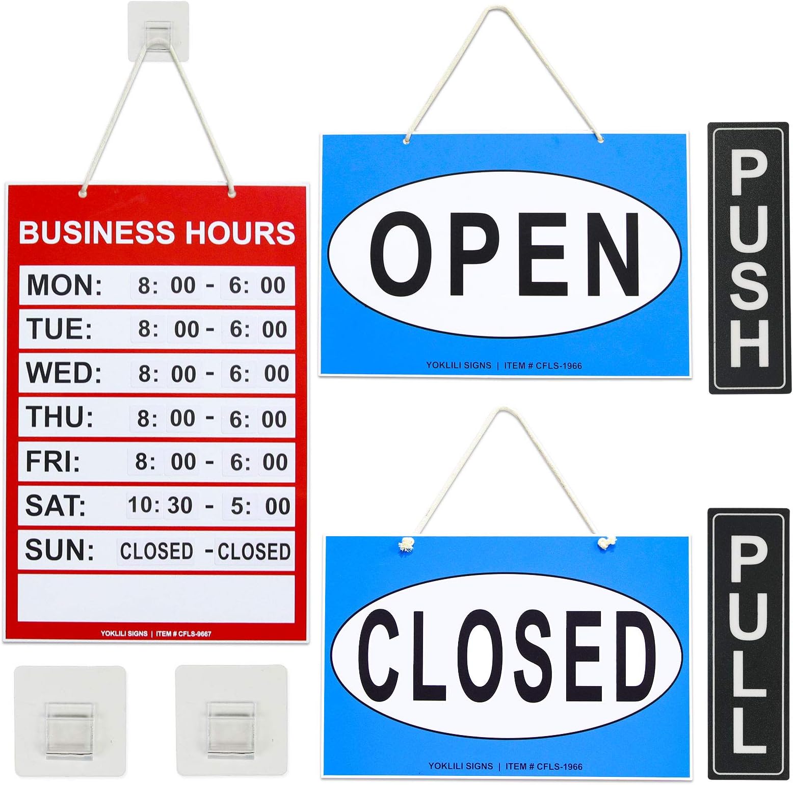Business Hours Sign, Open Closed Push Pull Door Signs Kit - Vinyl Number Stickers & 2 Adhesive Hooks Included, Perfect for Business Store Bar Office Window
