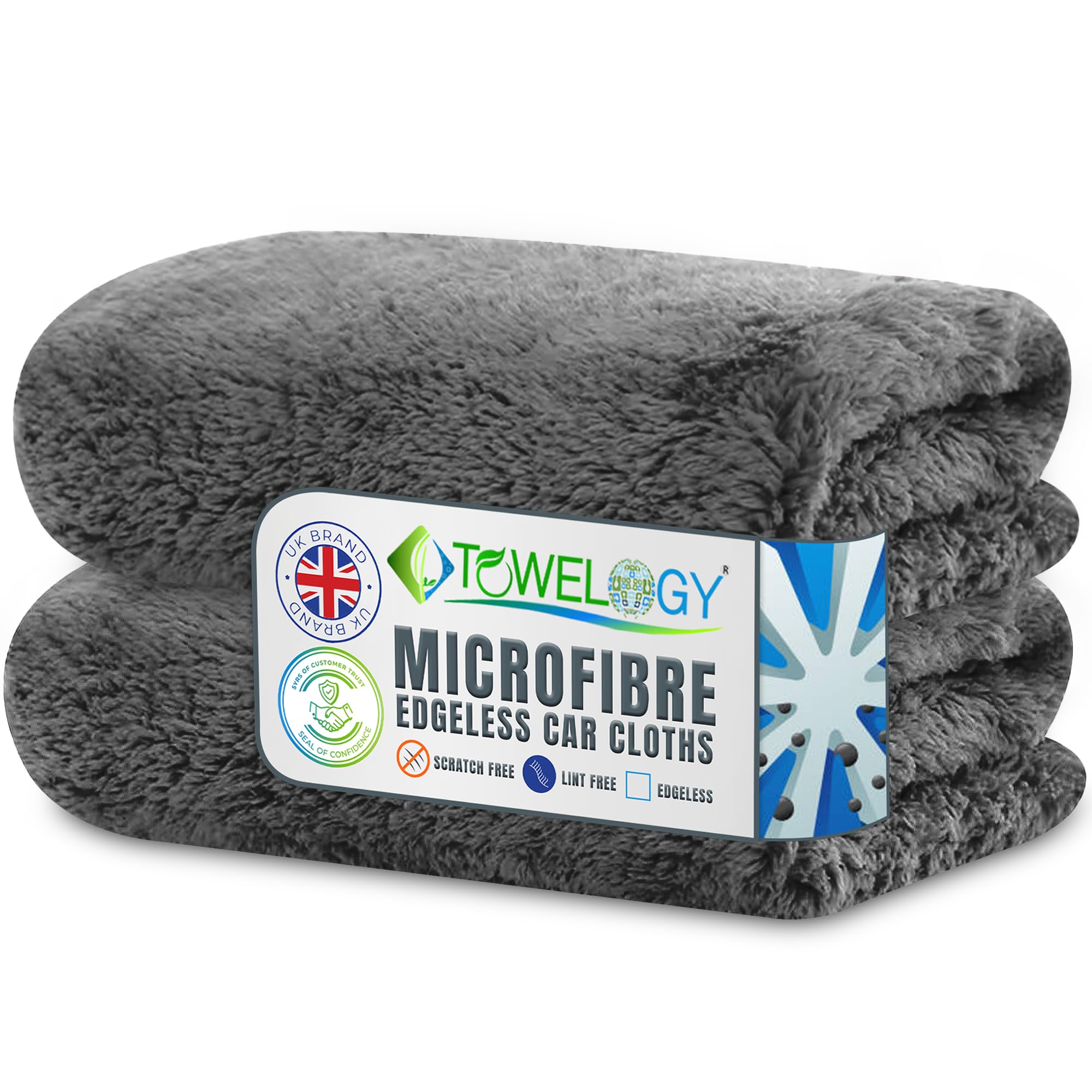 Towelogy Grey Towelogy® X009 Microfibre Edgeless Car Cleaning Cloths For Detailing Washing & Drying 500Gsm Long Plush Fibres Auto Towels 40X40cm (, 2)