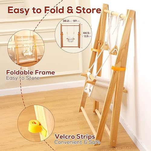 Miniatura 5 de FUNLIO Juego de columpios de madera para niños de 6 a 36 meses, columpio plegable para bebé con pino y velcro duraderos, columpio portátil para