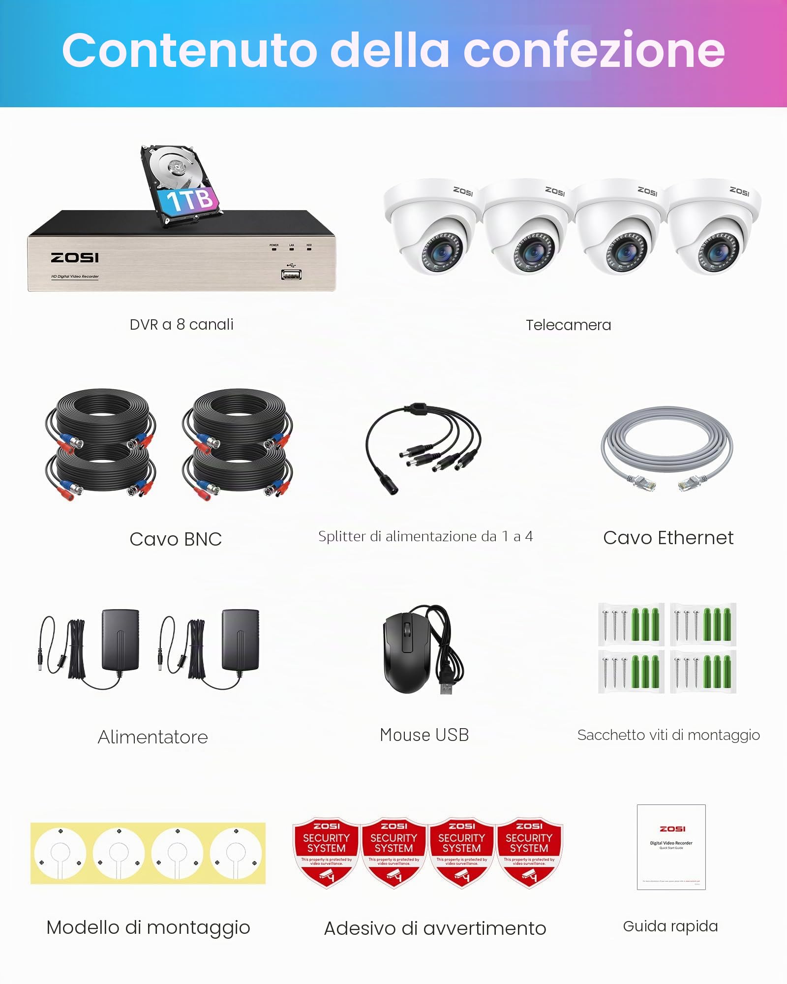 ZOSI 1080P Kit Videosorveglianza, 8CH H.265+ 1TB DVR con 4X 1080p telecamere per Interno ed Esterno, Visione Notturna da 80 piedi, Registrazione 24/7, Rilevamento di Movimento, Avviso e-mail