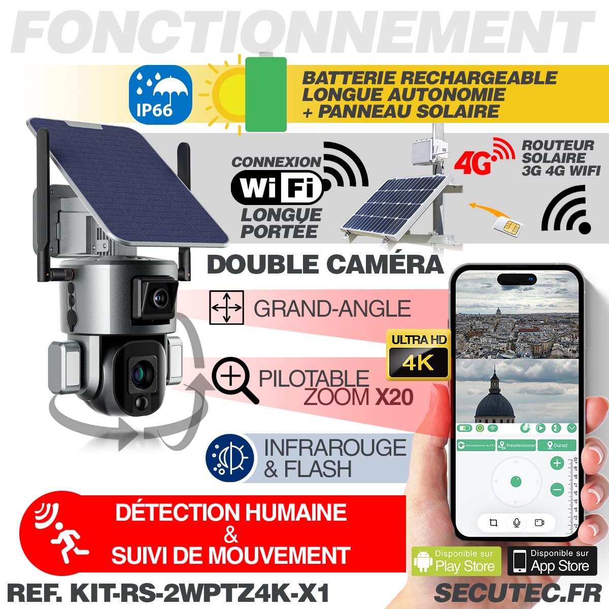 Kit vidéosurveillance 3G 4G autonome solaire waterproof avec une double caméra pilotable solaire Wifi Ultra HD 4K Zoom X20 autotracking IR détection de mouvement alarme et sirène microSD 128 Go