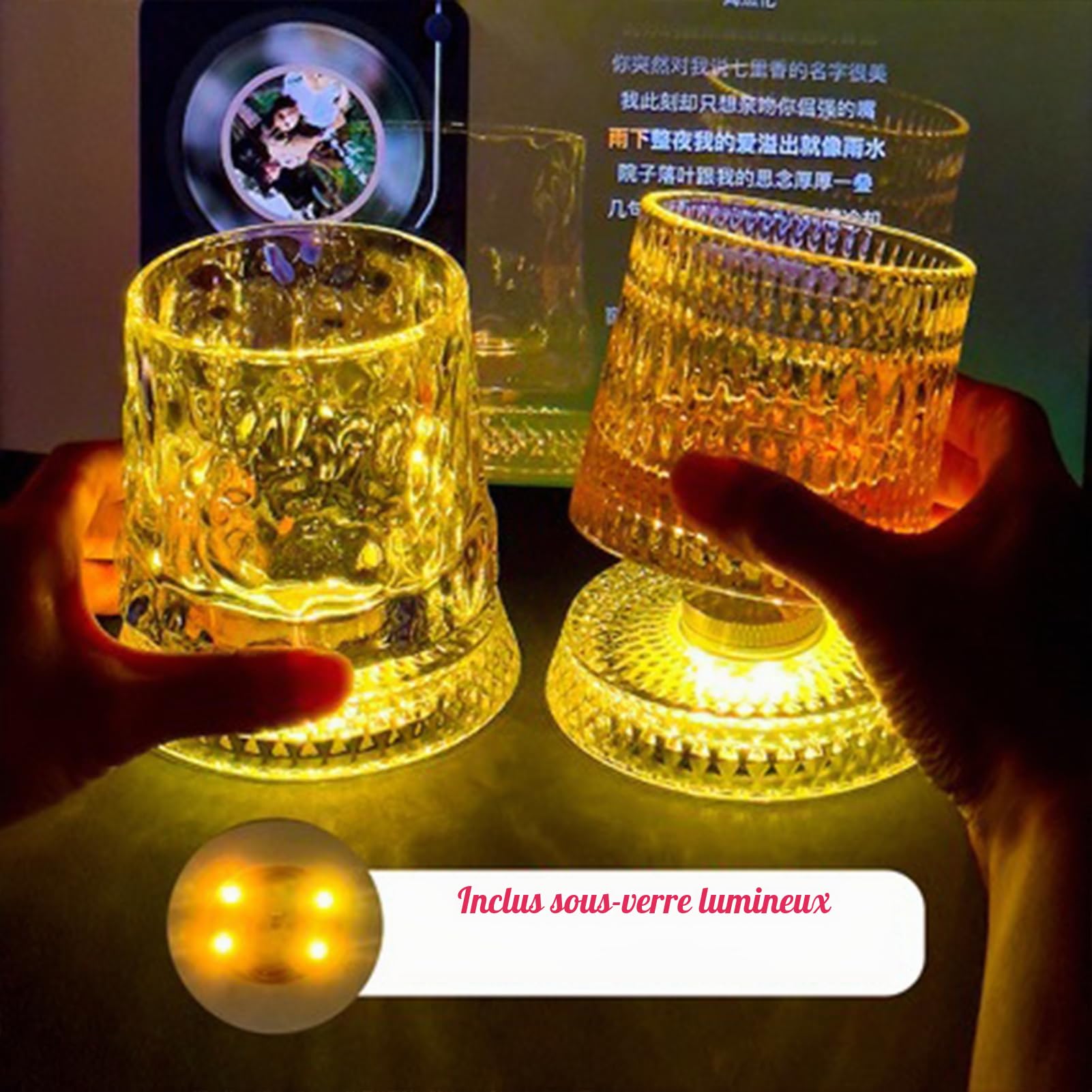 Verre à Whisky 2 Pcs Transparentes Verre, Verre Whisky Tournant à 360 DegréS,Verre à Whisky Avec Socle Led Coloré,Pour Collectionneurs Anniversaire FêTe Des Familiales FêTes (led)