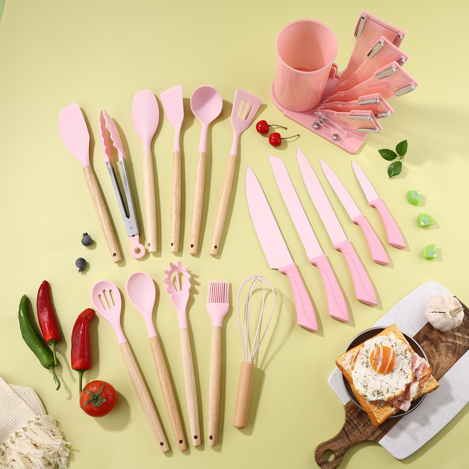Silikon-Kochutensilien-Set mit Holzgriffen, 18-teiliges Küchenhelfer inklusive Kochutensilien, Messern und Halter für antihaftbeschichtetes Kochgeschirr