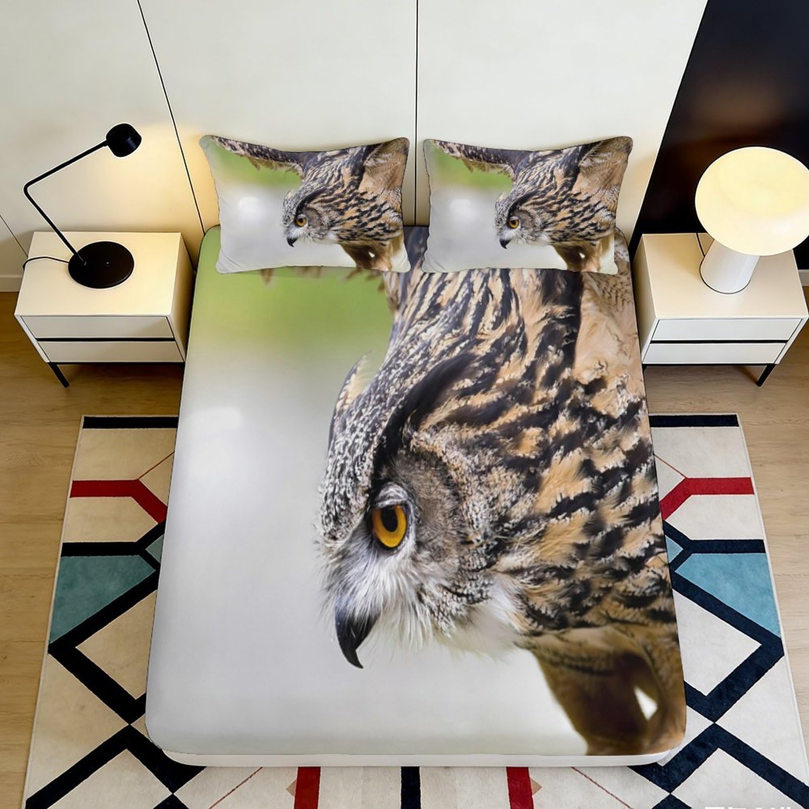 3D Printed Owl Pattern Fitted Sheet Microfiber Soft Breathable Bird Design Mattress Cover for Bedroom Dormitory Guest Room Protection Decor 180x200x25cm