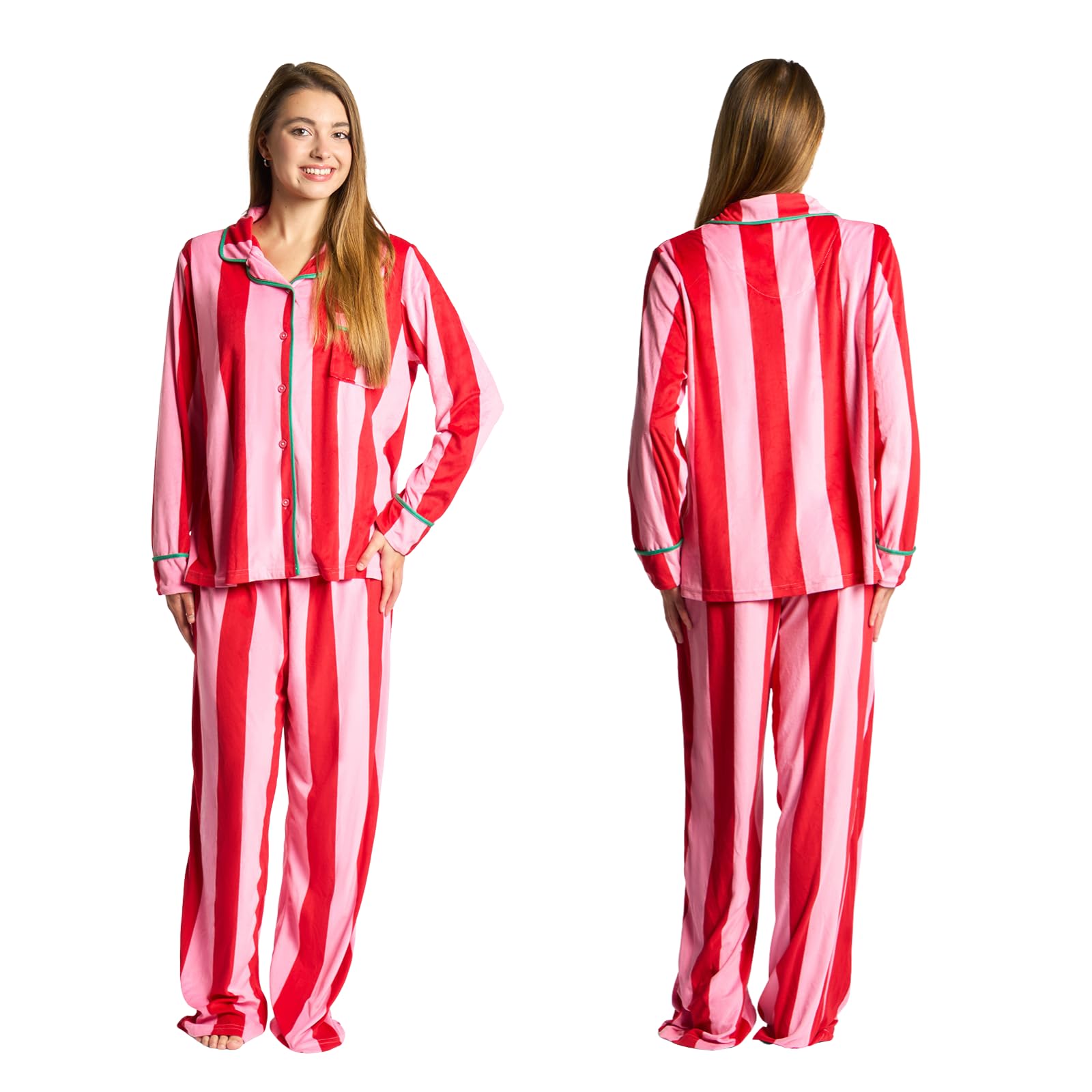 Ohs Women's Pink Pyjamas For Candy Stripe Long Sleeve Shirt And Full Length Bottom Pyjama Bride Pjs Set Two Piece Button Down Soft Warm Winter Nightwear Sleepwear Loungewear, - X/Xl