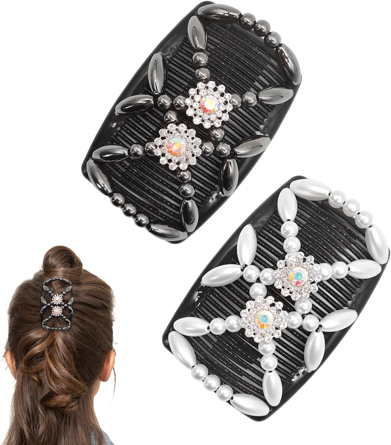 Quacc 2pcs Magic Bead Hair Combs Stretch Beaded Hair Combs Double Sided Clips Hair Comb for Women Girls DIY Hairstyling Hair Accessories (Black and White)