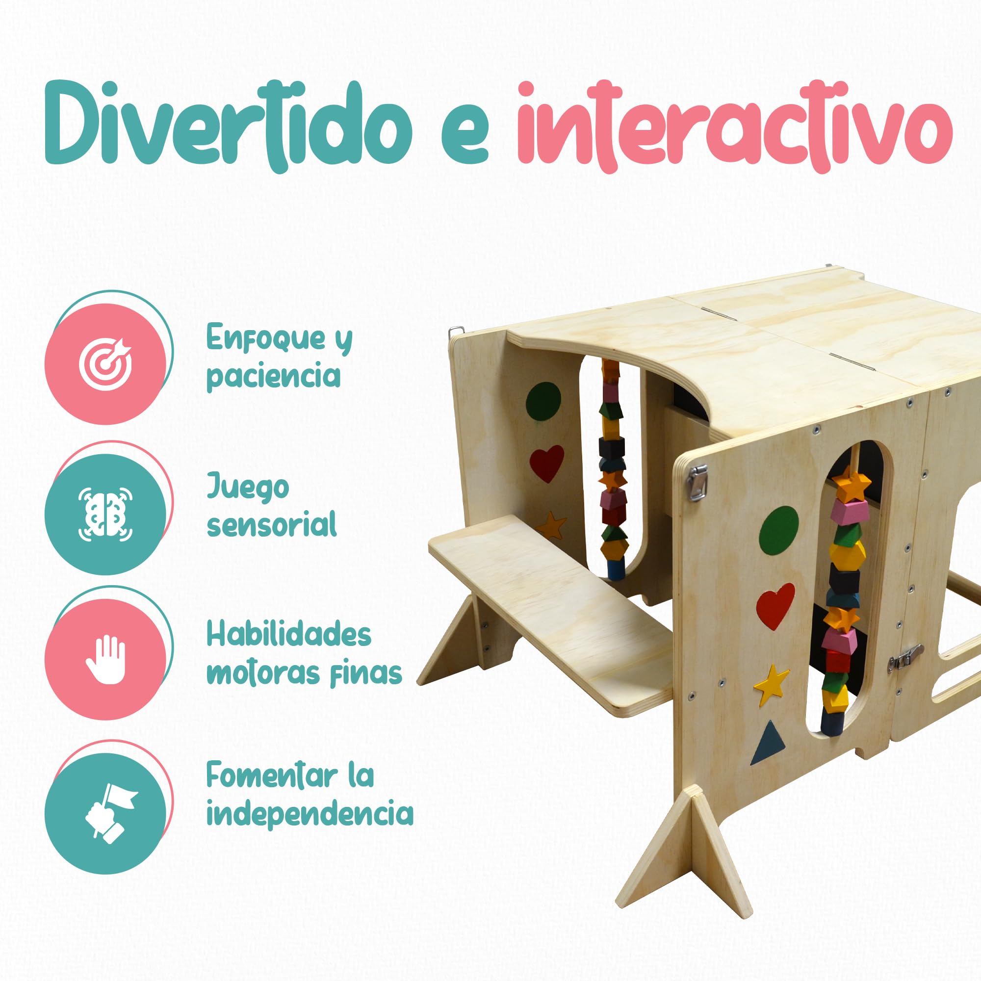 Torre de Aprendizaje Montessori 4 en 1 Pitifis | Torre de Aprendizaje para Niños con Pizarra y Escritorio | Taburete Cocina Infantil de Madera | Diseño Estable y Seguro | 90 x 31 x 45 cm