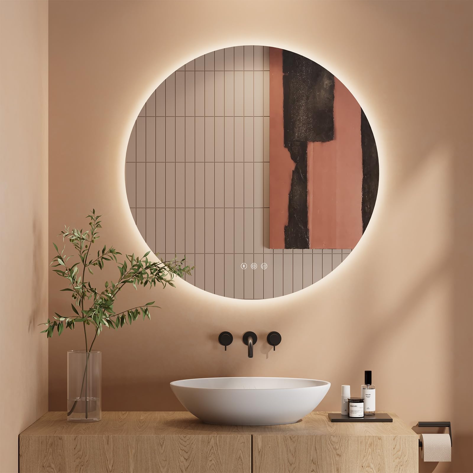 Dripex Miroir Salle de Bain 70cm, Miroir LED Rond Anti-buée, 3 Couleurs, Dimmable, Interrupteur Tactile