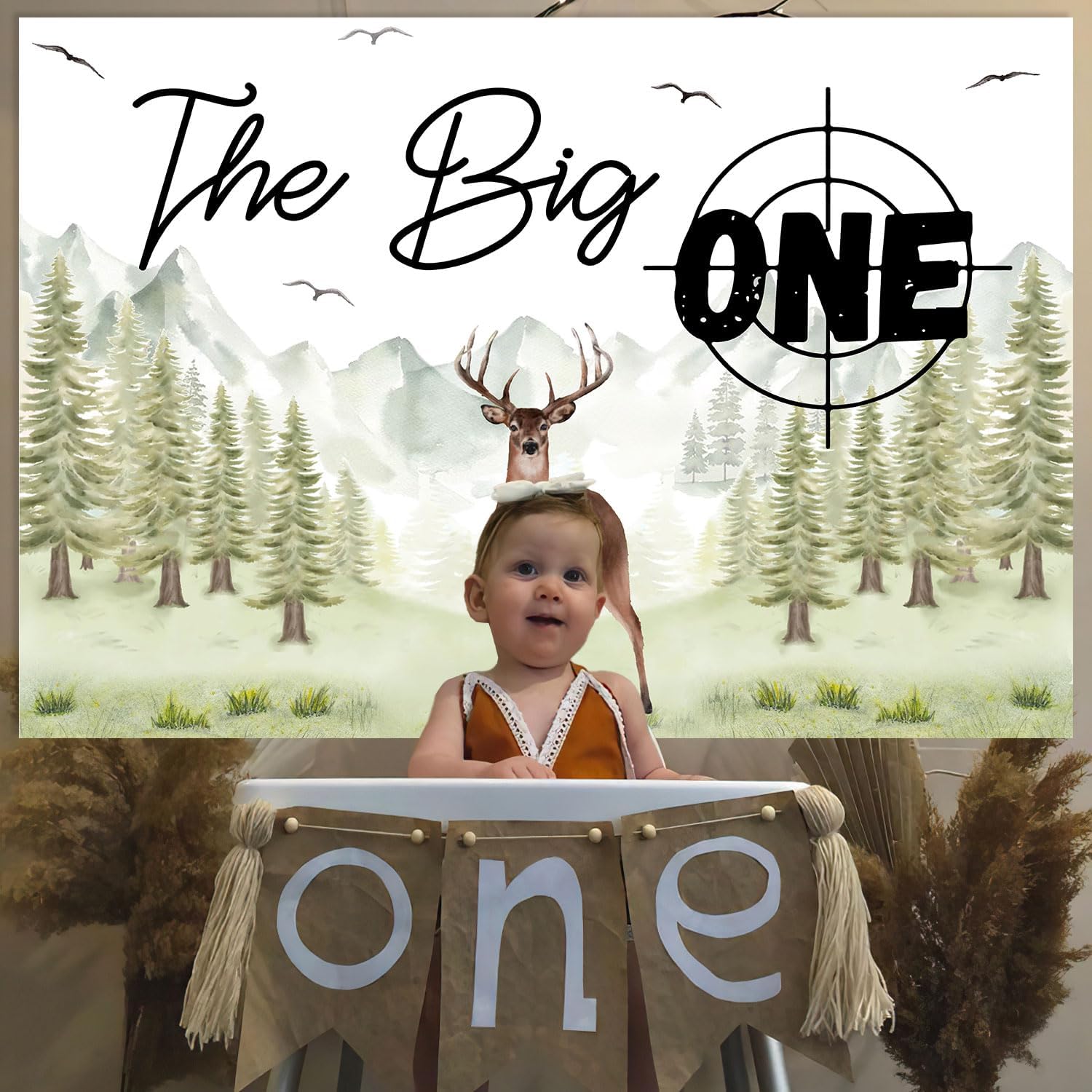 The Big One Deer 1st Birthday Backdrop - Forest Green Fabric - 7x5ft - Includes: The Big One Deer Backdrop