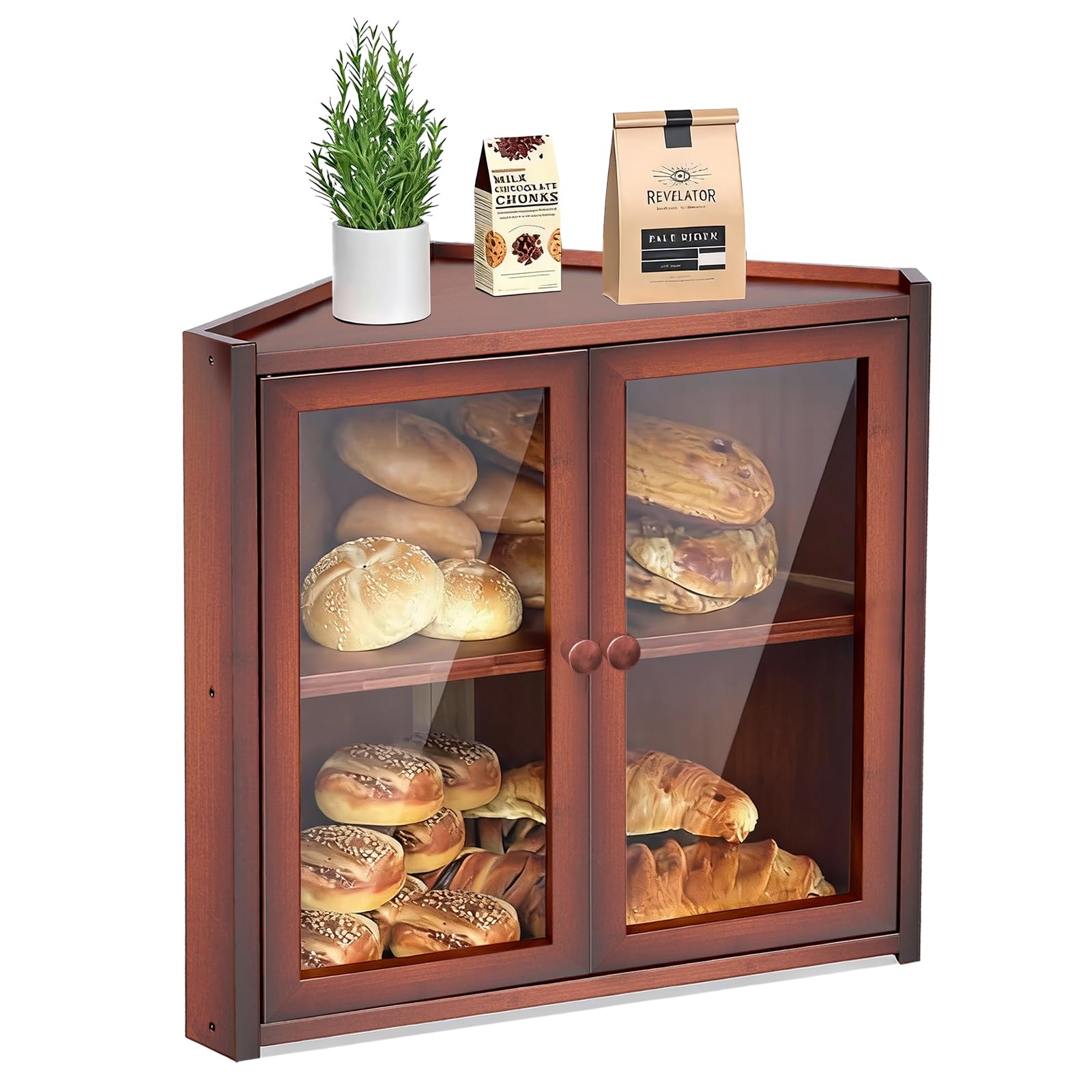 BAMBANG Corner Bread Bin for Kitchen Countertop, Double Layer Bamboo Bread Storage Container with 2 Doors, Farmhouse Large Bread Box, Wooden Breadbox Holder for Homemade Bread, Brown