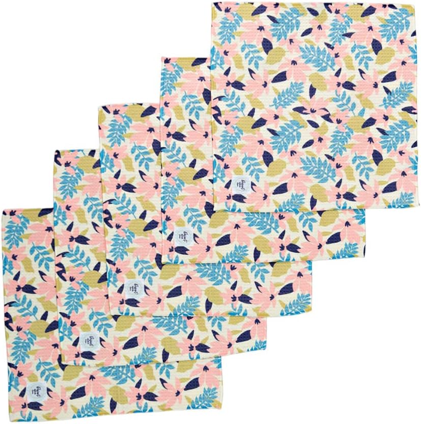 Waffle Weave Dish Cloths || 5 Pack || Highly Absorbent || Double Sided || Soft Premium Microfiber Cleaning Cloth || 12x12 inches (Floral)