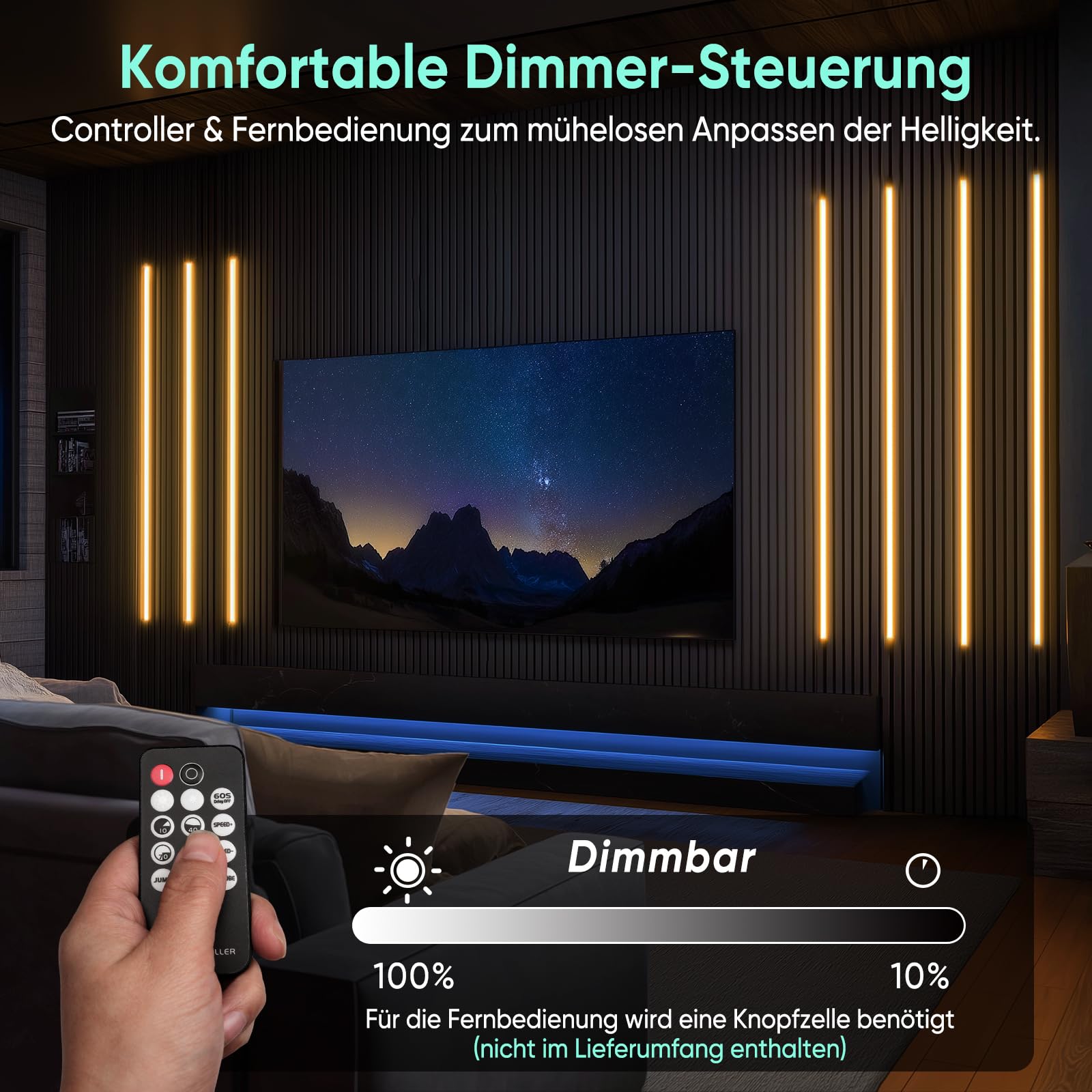 GZBtech Akustikpaneele LED Streifen mit Fernbedienung 5M, Flexible Schneidbar 3000K Warmweiss Dimmbar Wandpaneele Strip light, IP67 wasserdicht Schwarz Selbstklebend Licht für Akustikpaneel, Regal