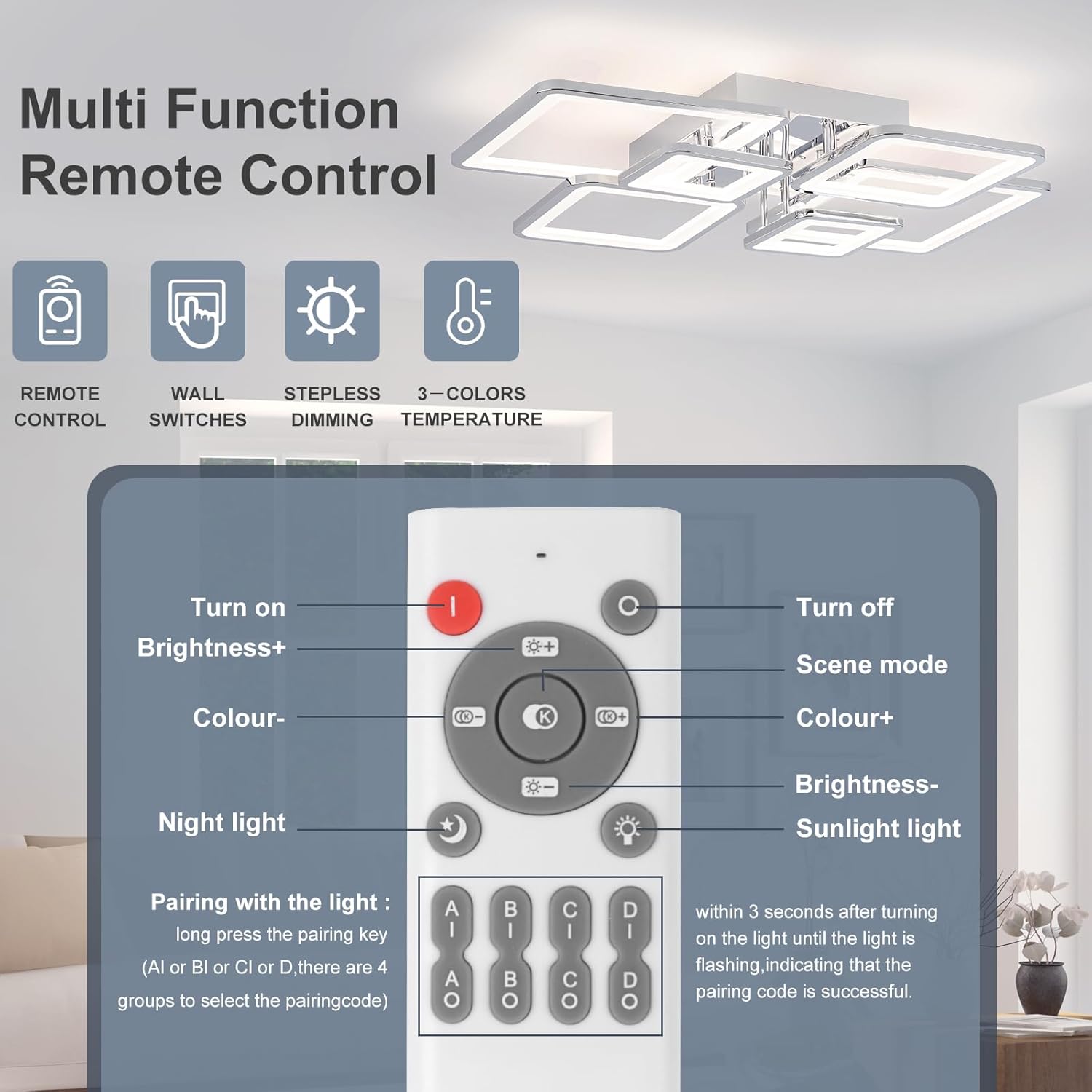 31.5''Dimmable Modern LED Ceiling Light Chrome 6Rings Square Ceiling Lamp 3000K-6500K Flush Mount Ceiling Lightwith Remote for Dining Room, Kitchen, Living Room