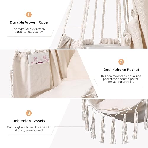 Miniatura 3 de Goutime Silla tipo hamaca, columpio de techo de cuerda colgante con 2 cojines, sillas colgantes bohemias de macramé para interiores, exteriores,