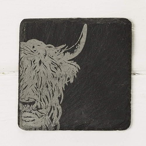 Miniatura 3 de The Just Slate Company, Posavasos cuadrados hechos a mano, diseño de vaca de las tierras altas grabadas con láser, juego de 4