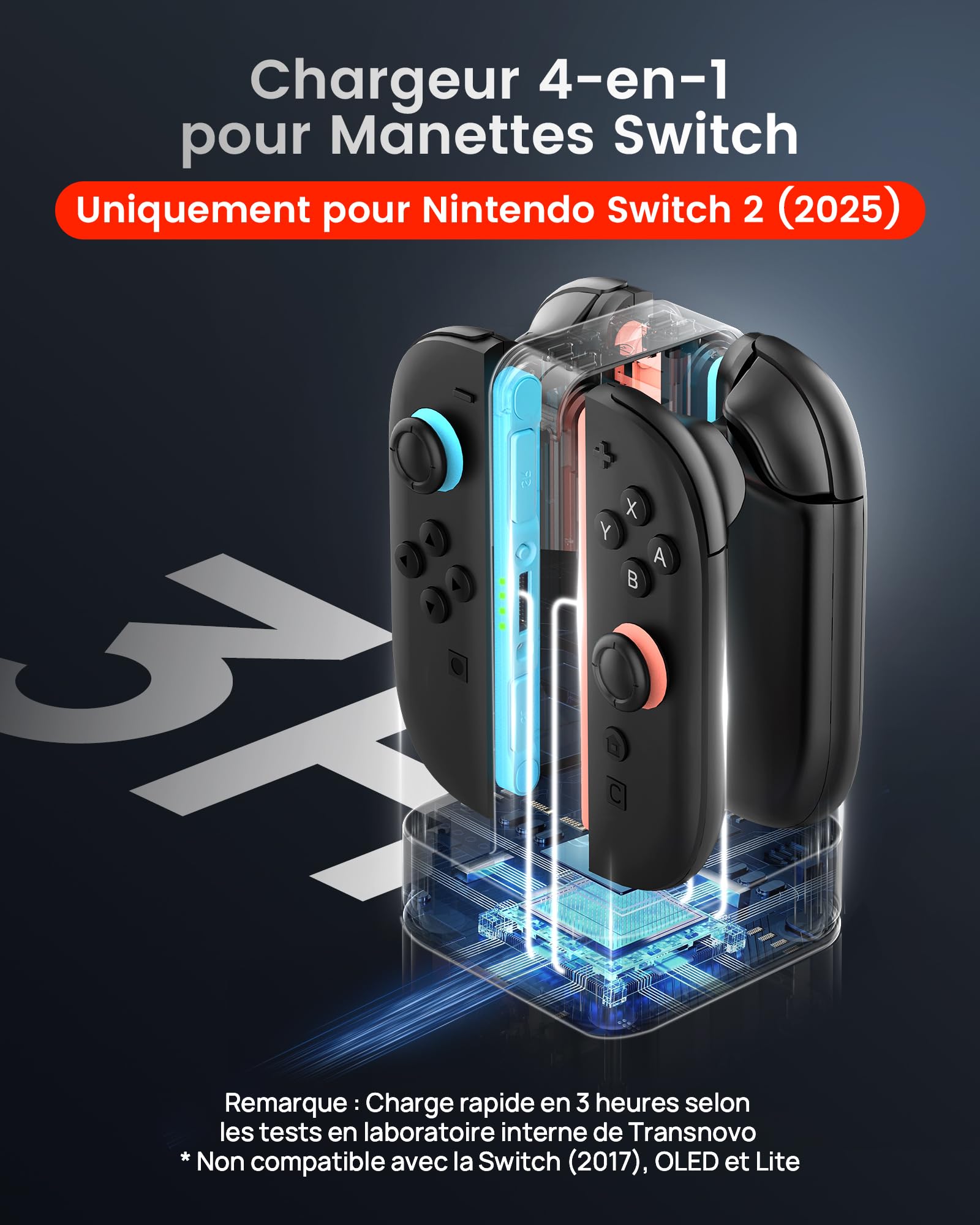 TRANSNOVO Chargeur Compatible avec Nintendo Switch 2, Station de Charge 4 en 1 avec 8 Emplacements pour Cartes de Jeu, Indicateur LED, 9 Modes RGB Lumière Gaming, Charge Simultanée de 1 à 4 Joycon