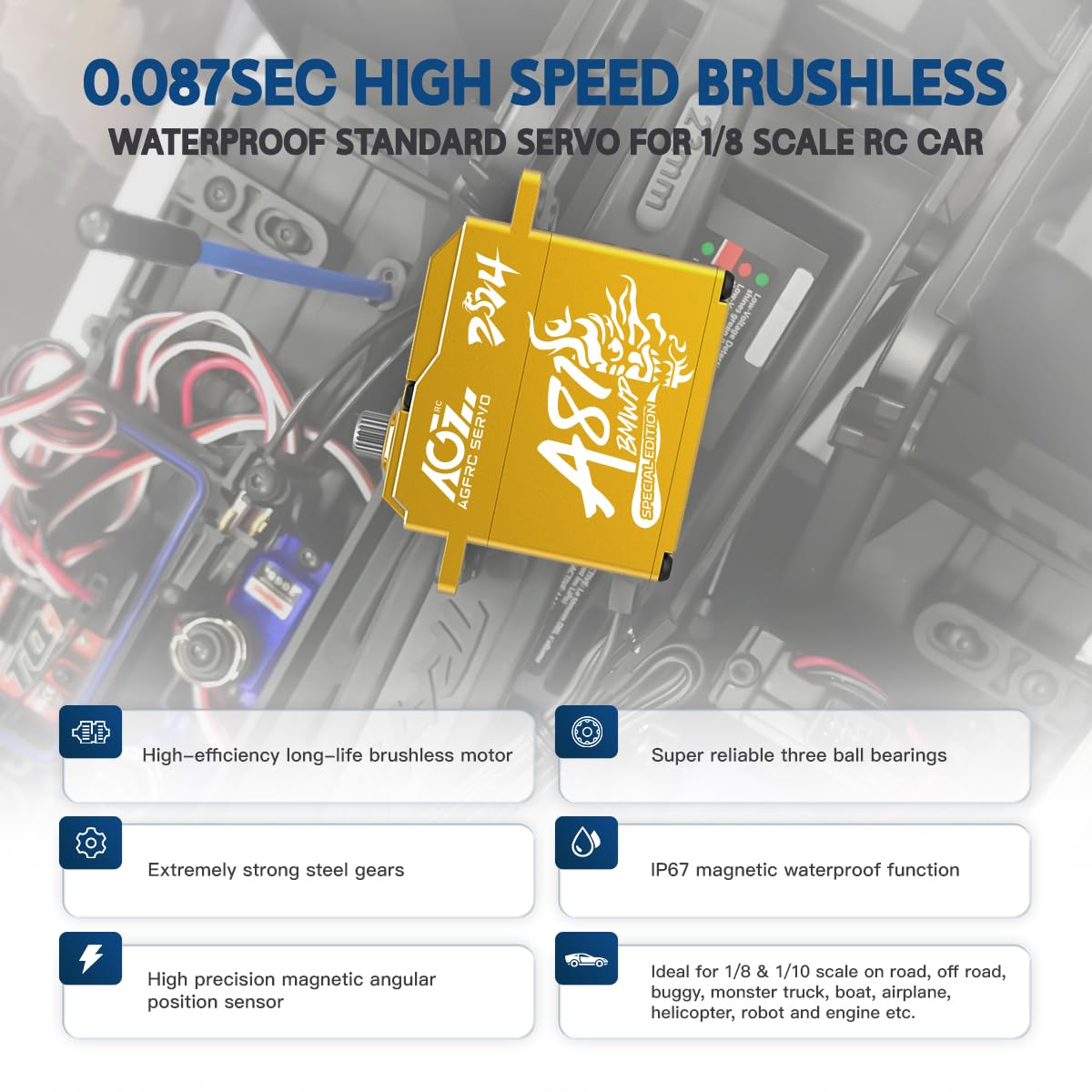 AGFRC Servo-motore impermeabile RC sterzo 55KG ad alta coppia - Full Metal Gear Digital Brushless Standard Servo per auto RC 1/8 1/10, angolo di controllo 180° (A81BMWP 2024 Special)