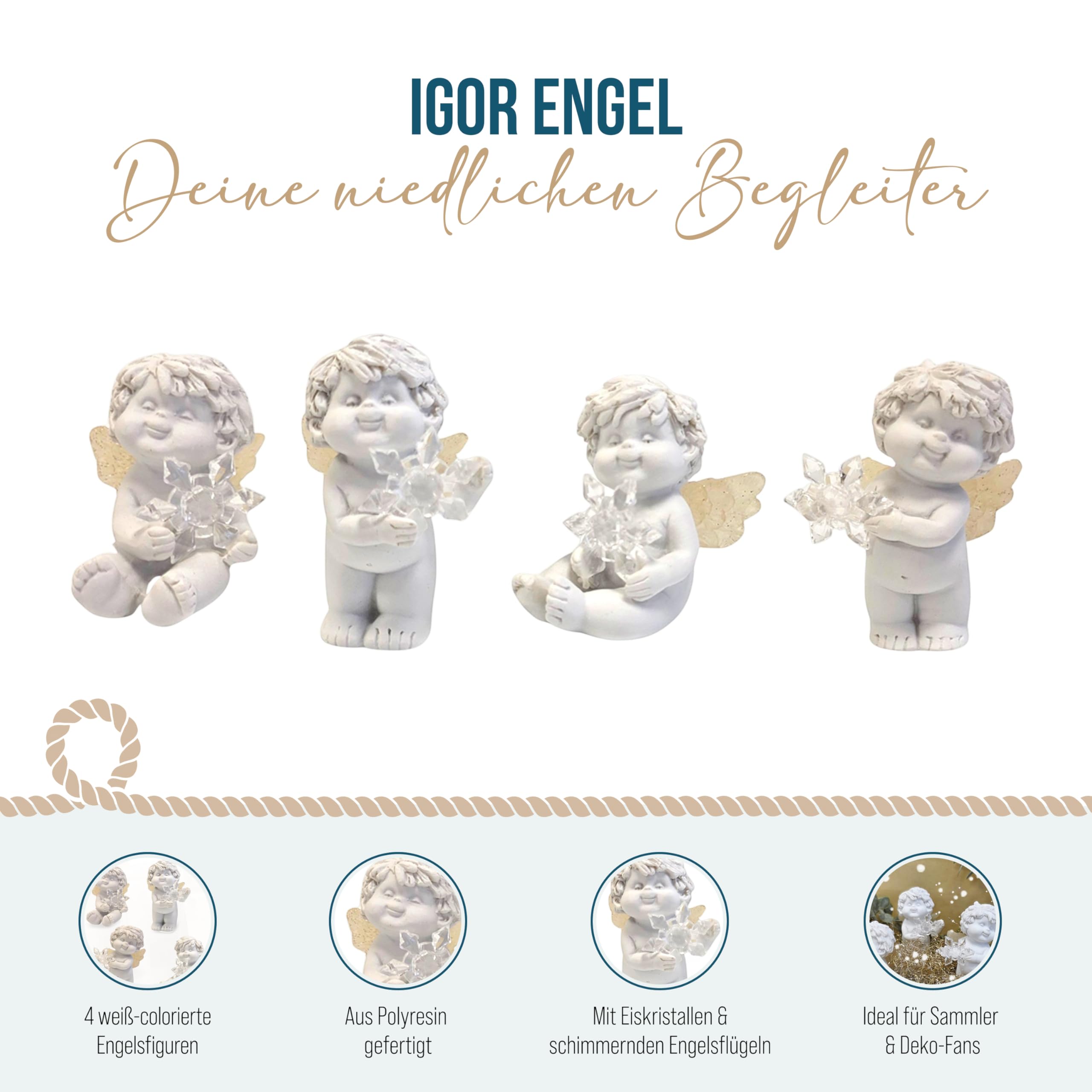 IGOR Engel mit Eiskristall, 4er Set: Mini Schutzengel Figuren, Weihnachtsengel Deko, Engelsfiguren, Weihnachtsdeko, Kleine Dekoengel, Dekofiguren Weiß, Geschenk Weihnachten, Glücksbringer Klein, 7 cm